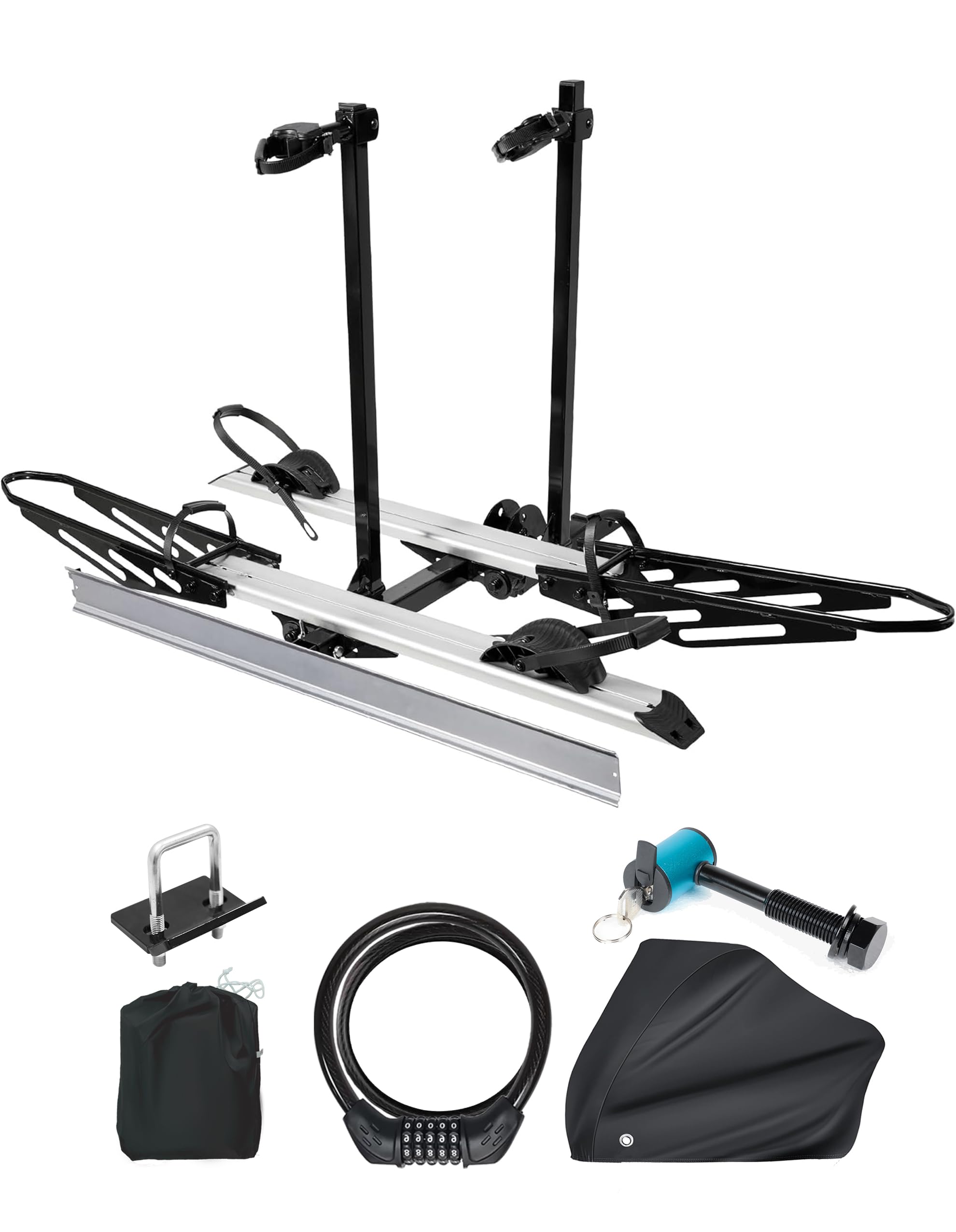 RokRack Plus Foldable 2 Ebike Rack with Ramp, 200 lbs Capacity Electric Bike Carrier Platform Mount, Hitch Bike Rack for Car SUV with Hitch Stabilizer, Lock Pin, Rain Cover & Lock