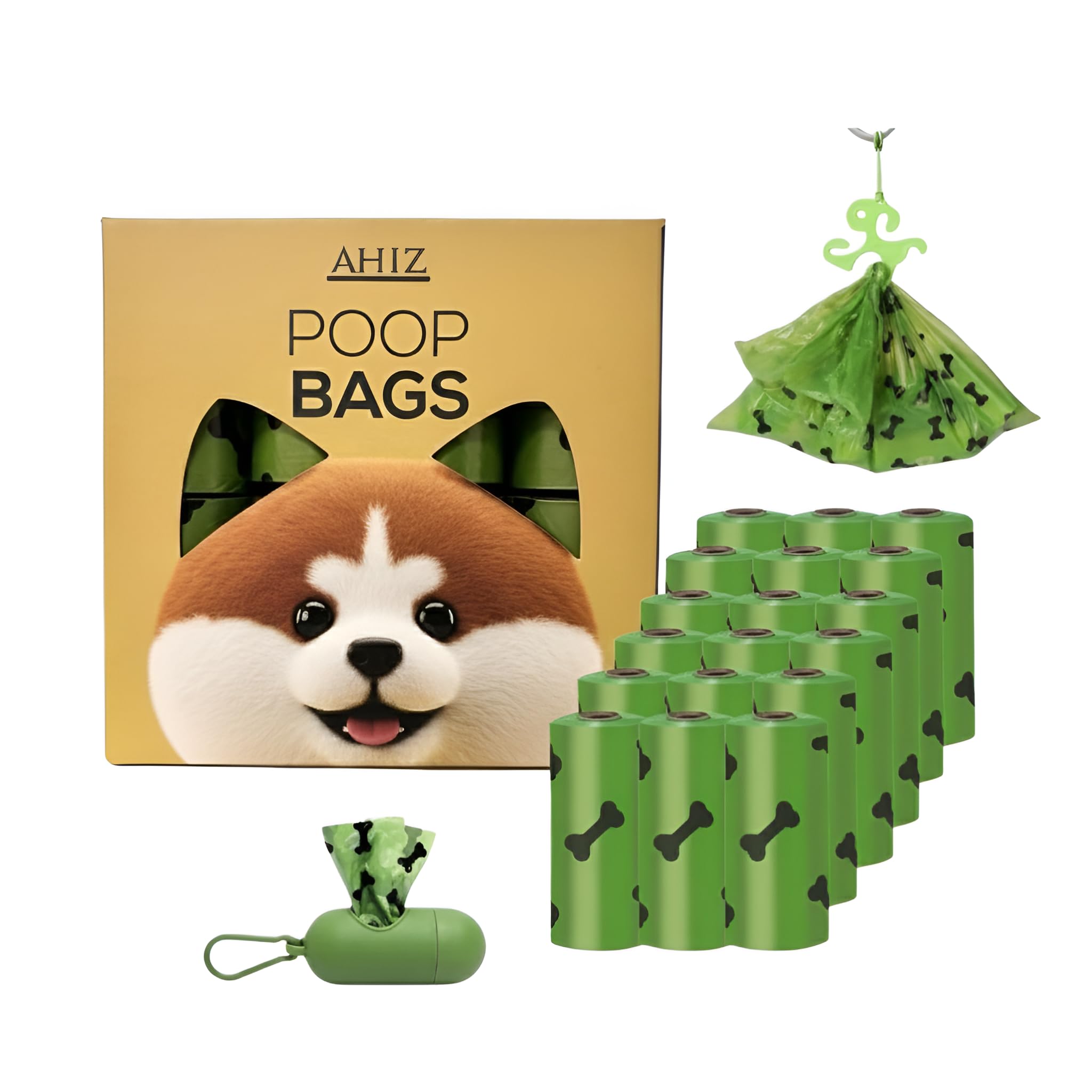 AHIZ Dog Poop Bags with Dispenser, 360 Count (24 Rolls), Thick & Leak-Resistant Waste Bags, Lavender Scented, Easy Tear Rolls, Green Bone Print, Suitable for Pet Waste Disposal