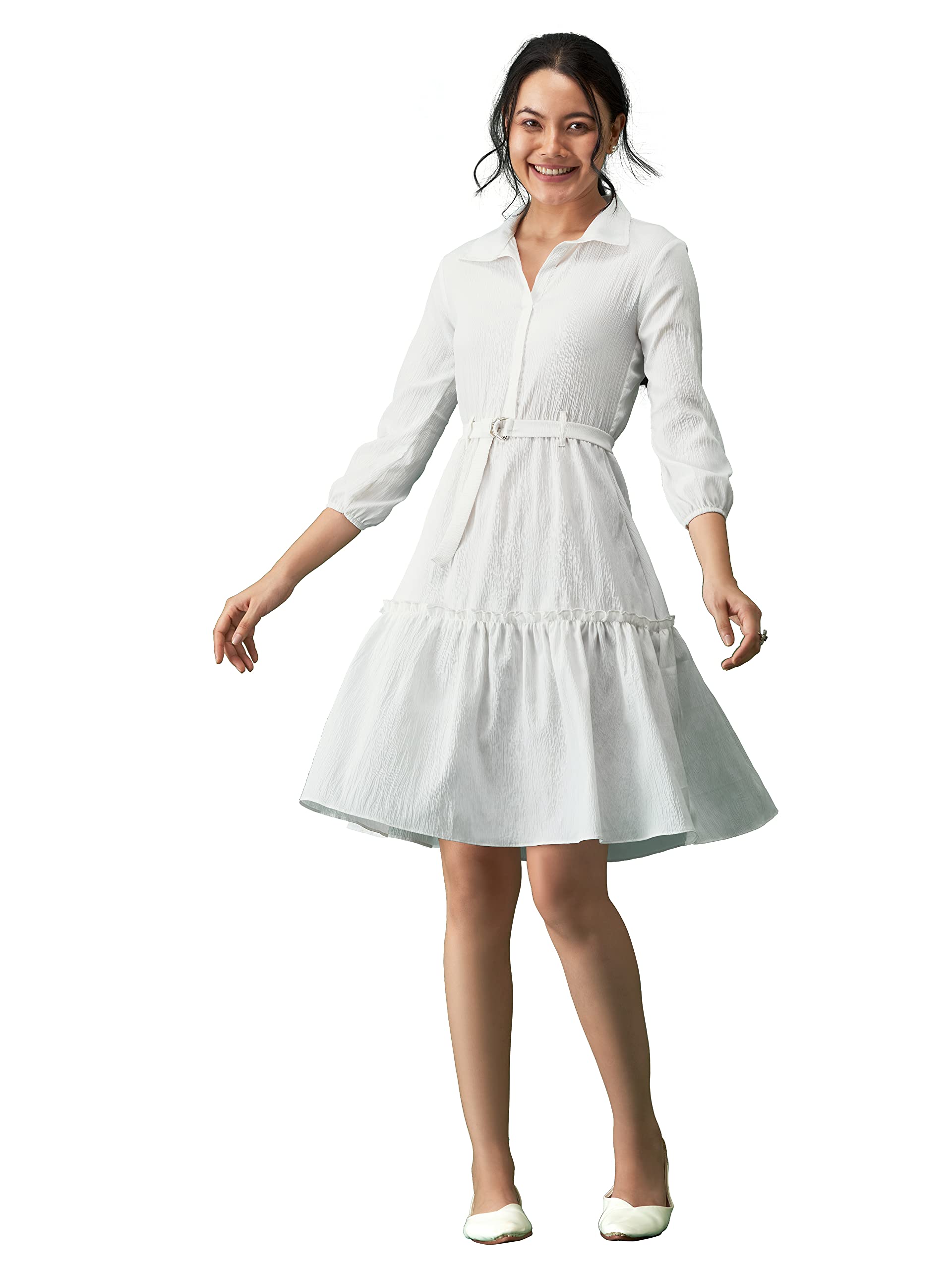 Women Peplum Gathared Stylish Dress with Belt-image-0
