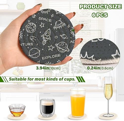 Miniatura 3 de innewgogo Space Rockets 6 Pcs Absorbent Drink Coasters for Tabletop Protection Handmade Round Woven Coaster with Holder & Heat Water Resistant Bulk