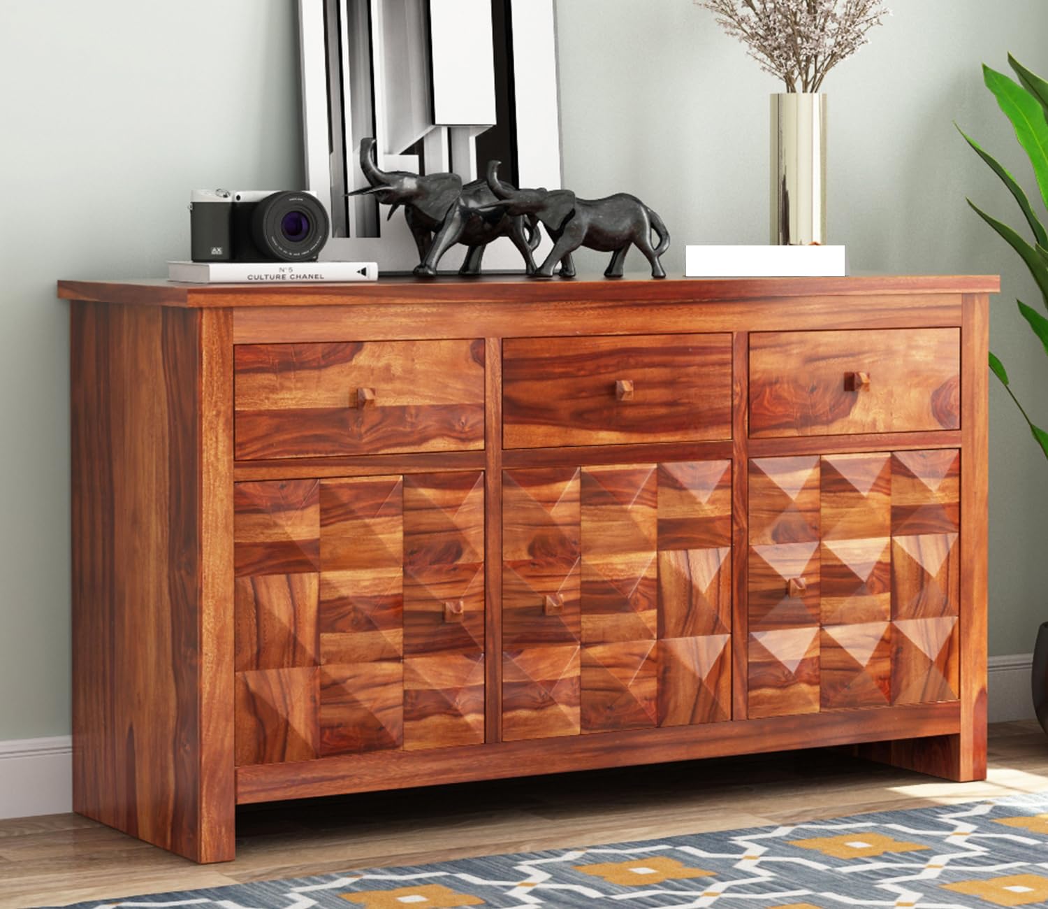Solid Sheesham Wood Wooden Sideboard Storage Cabinet & Chest of Drawer : Ideal for Living Room and Bedroom with 3 Drawers and 3-Shelf Storage (Design 17)-image-26