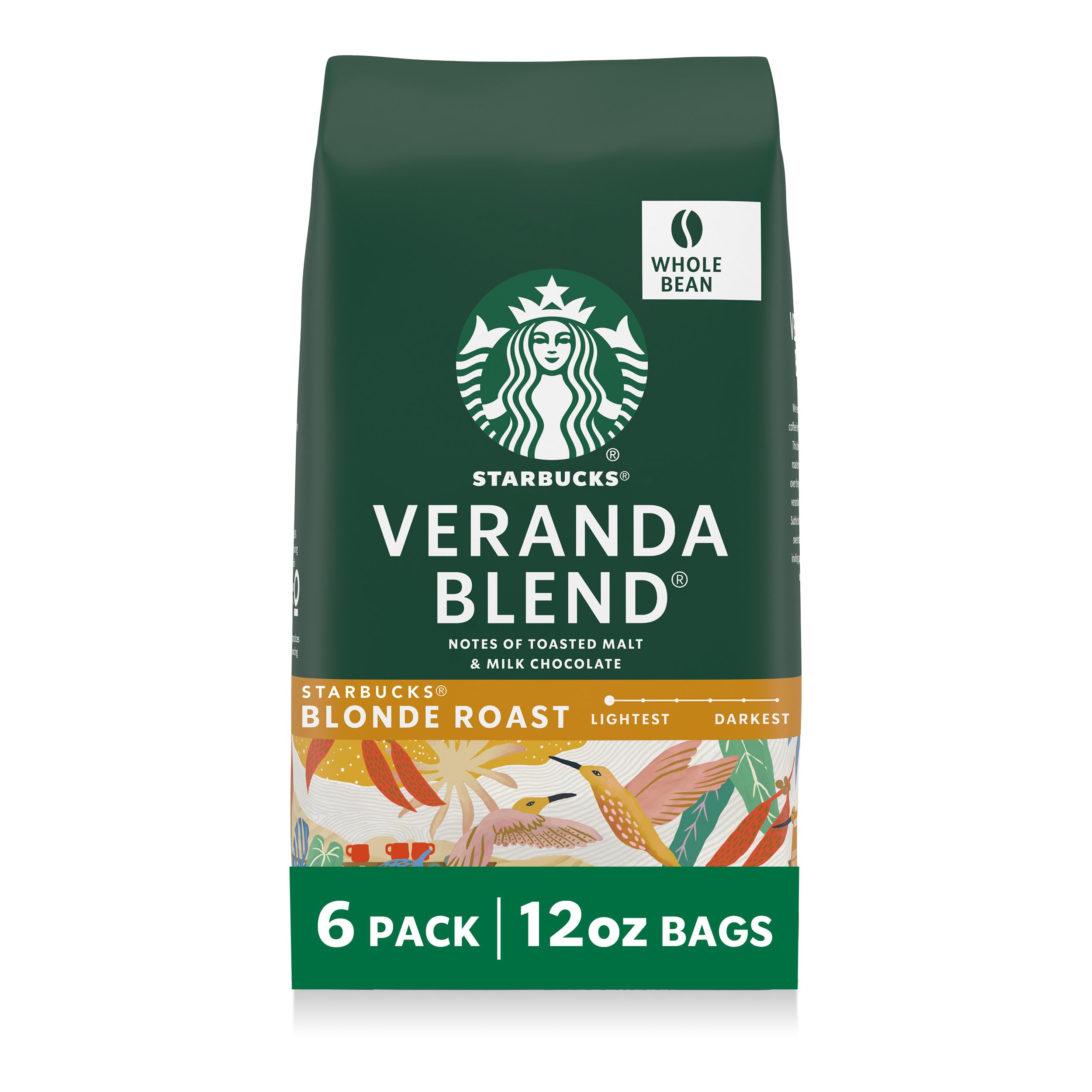 Starbucks Whole Coffee Beans, Starbucks Blonde Roast Hot or Iced Coffee, Veranda Blend, Six 12 oz Bags​