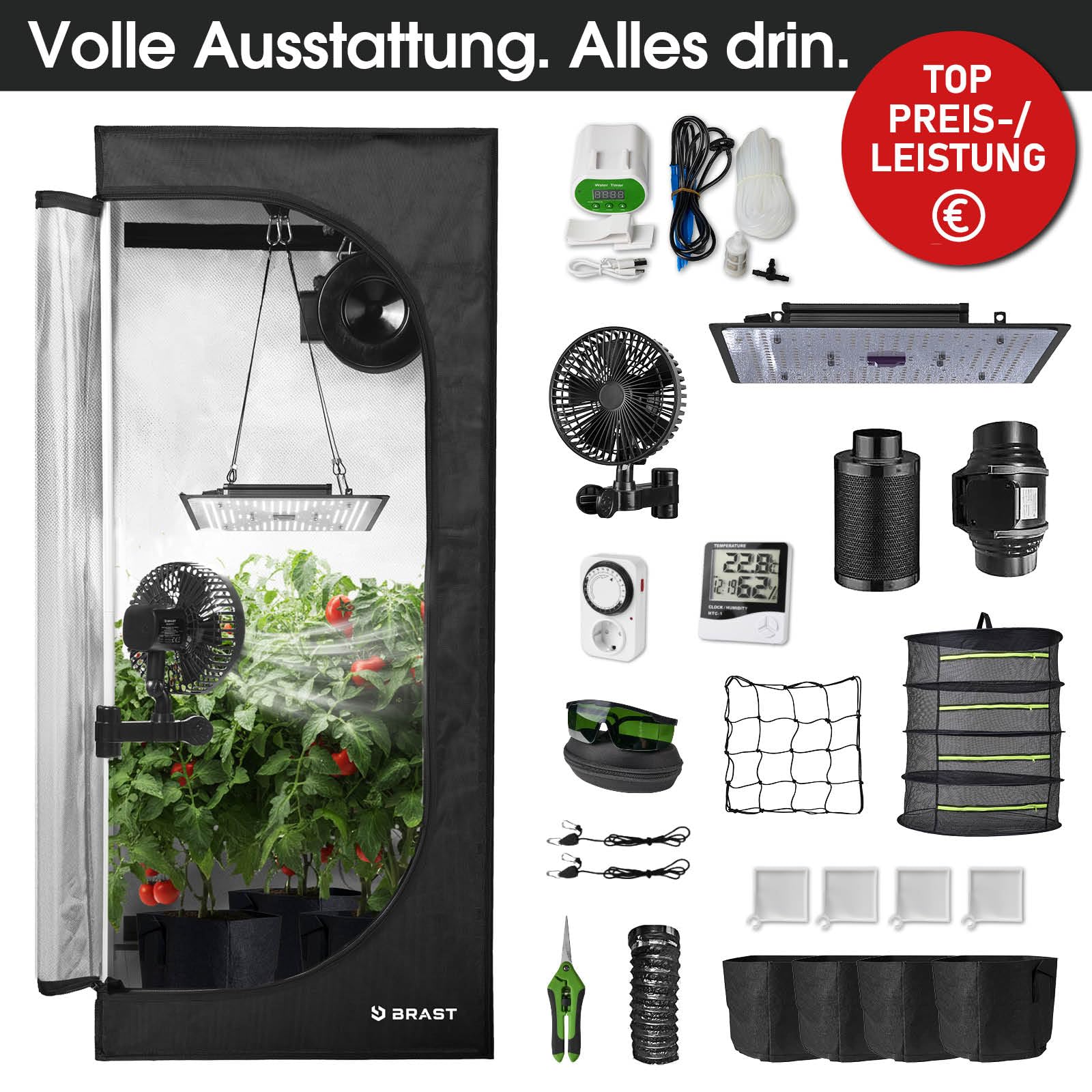 BRAST Growzelt GrowBox | Komplettset inkl. Sonderzubehör | viele Größen | 60x60x140-120x60x180cm | Vollspektrum LED Technologie | Belüftungs- & Bewässerungssystem | licht & wasserdicht | 60x60x140cm