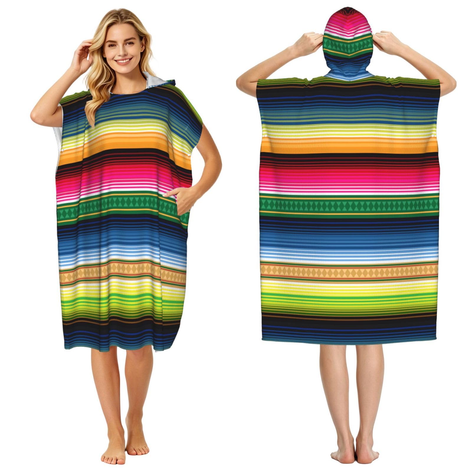Poadnly Traditional Mexican Blanket Serape, Adult Hooded Beach Towel 90 x 110 cm,Changing Bath Robe, Surf Poncho Towel For Women Men
