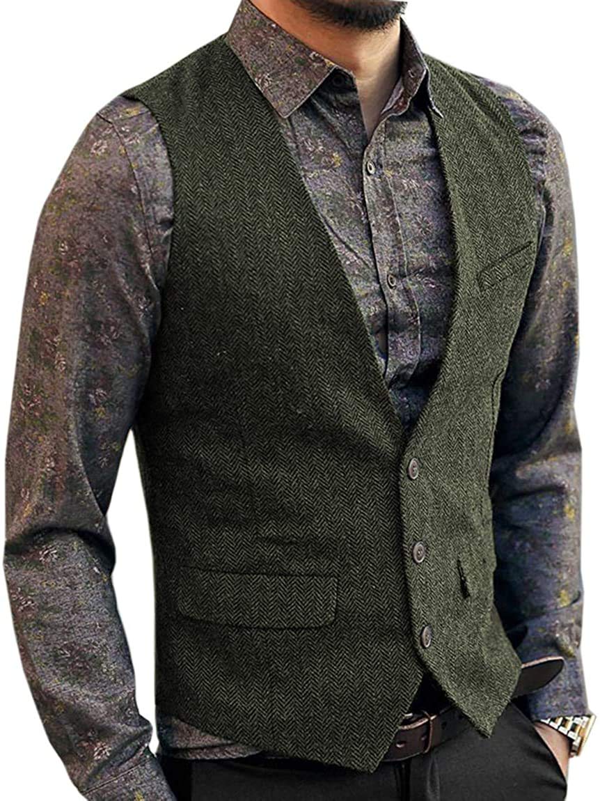 Zeattall Men's Herringbone Tweed Wool Suit Vest Single Breasted Slim Fit Waistcoat Vest, Army Green, XXL