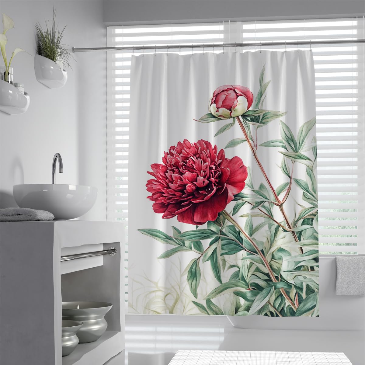 UIRINGART Red Peony Shower Curtain W200xL220cm Flower Print Green Leaves Waterproof Polyester Mildew Resistant Quick Dry Bathroom Screen with Hooks
