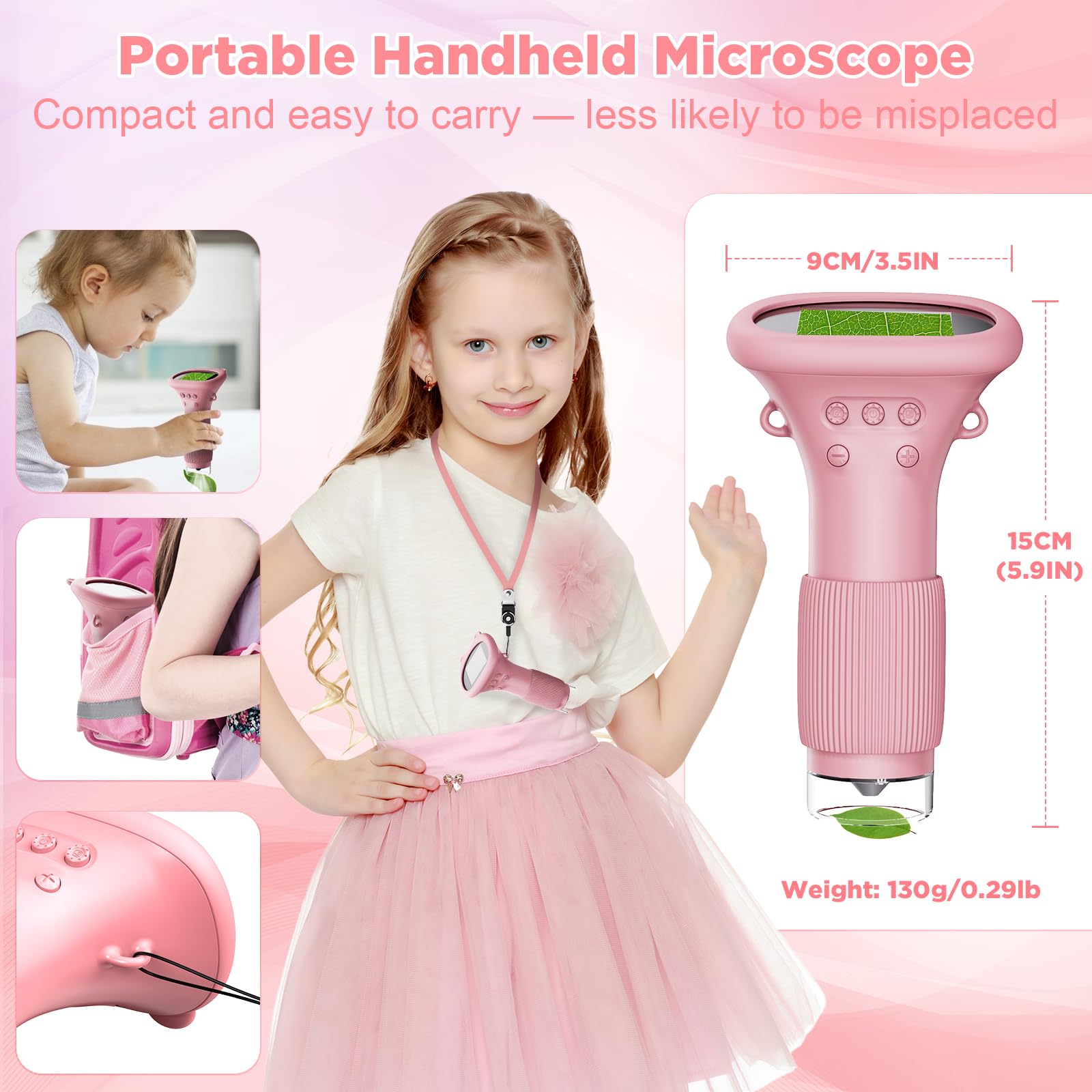 MAXLAPTER Microscopio Digitale Portatile per Bambini: 1000X Microscopio Tascabile con Schermo IPS da 2" e 8 Luci a LED Regolabili - Regalo di Compleanno per Ragazzi e Ragazze dai 3-12 Anni, Rosa