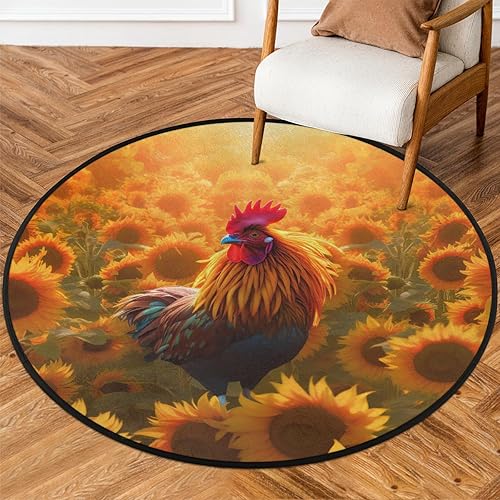Miniatura 1 de Animal Rooster in Sunflowers02 Round Area Rug 3ft Machine Washable Circular Rugs for Dining Room Table Bedroom Playroom Throw Rugs for Dog Living