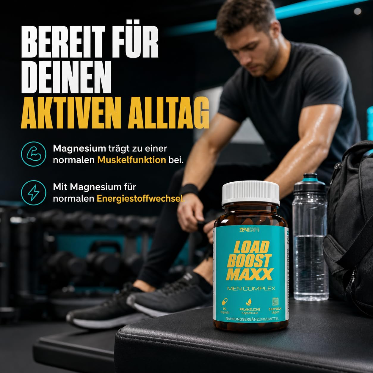 Load Boost Maxx Men Complex Kapseln – mit L-Arginin, Maca, Tribulus, Ashwagandha, Ginseng, Zink, Selen, Magnesium, B6 & B12 – 90 vegane Kapseln, 3 täglich