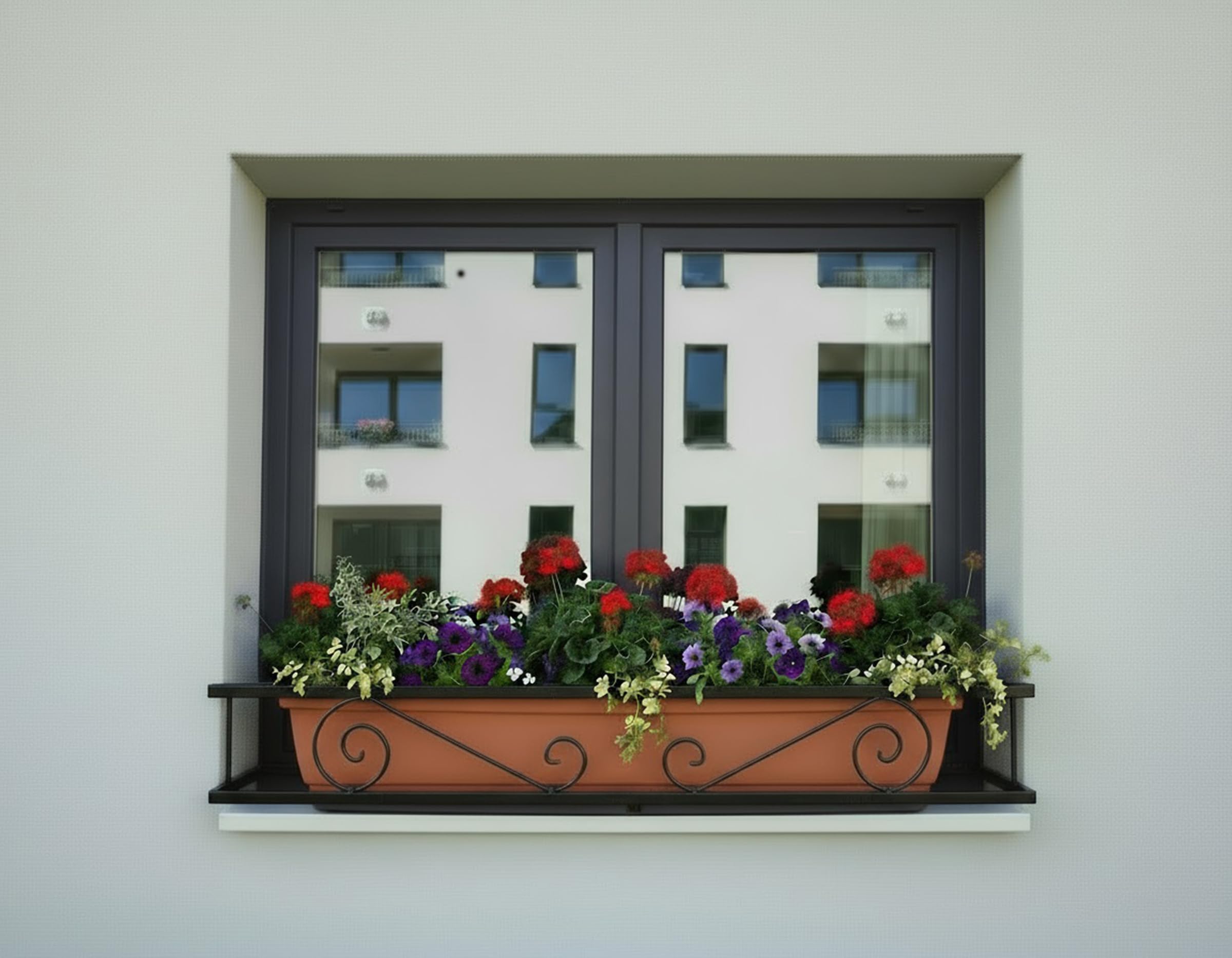 Balconcillo para Macetas y Plantas Extensible 100-140 cm, Portamacetas Ventana Decorativo, Protector de macetas Exterior, Modelo Volutas, Acero Inoxidable, Negro Forja