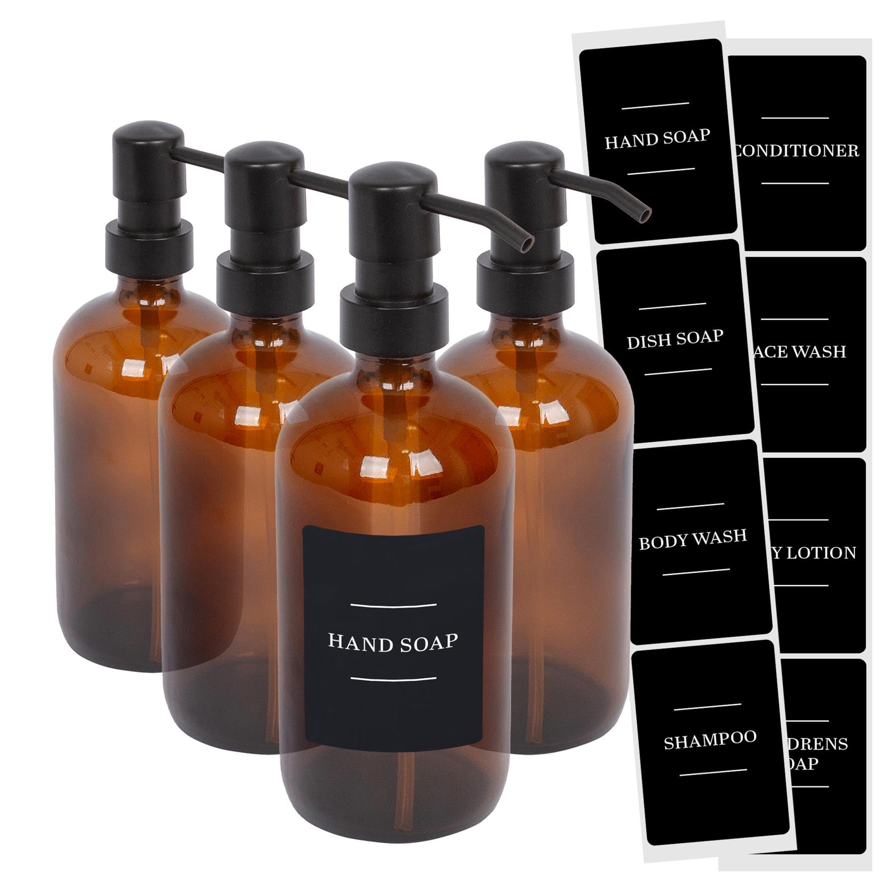 Harbour Housewares Glass Soap Dispensers with Labels Pack of 4-500ml Amber Refillable Bottles with Pumps and Black Labels - Bathroom and Kitchen Accessories for Hand Wash, Lotion or Sanitiser