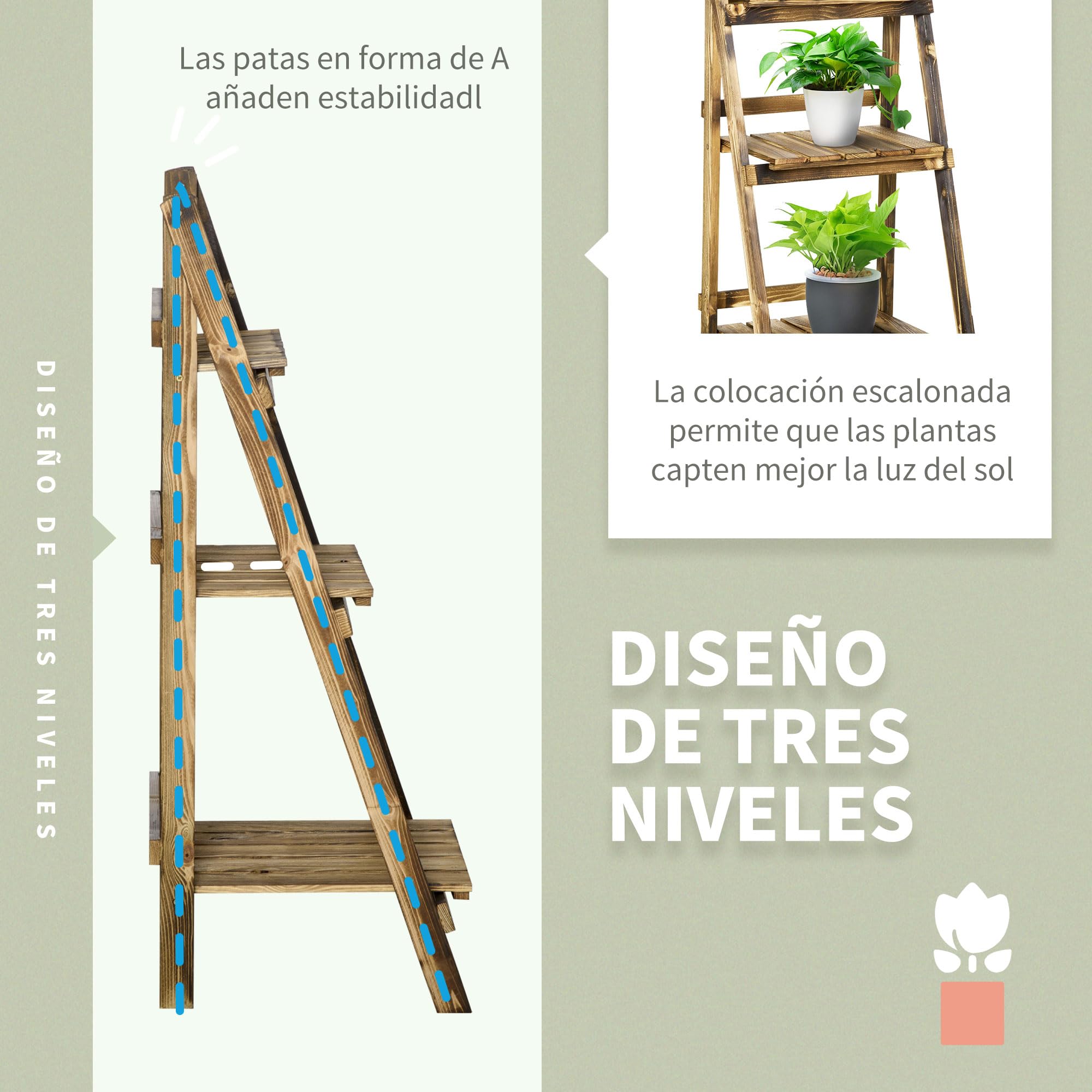 Outsunny Soporte para Plantas de Madera de 3 Niveles, Estantería para Plantas Plegable con Base de Listones, Soporte para Macetas para Interior y Exterior, Terraza, Jardín, 40x37x93 cm, Carbonizado