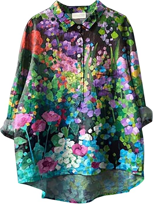 Ladies Long Sleeve T Shirt V Neck Flower Pattern Printed Women's Lapel Neck Casual Cotton and Linen Long Sleeve Shirt Features: Yellow Tank Top Women