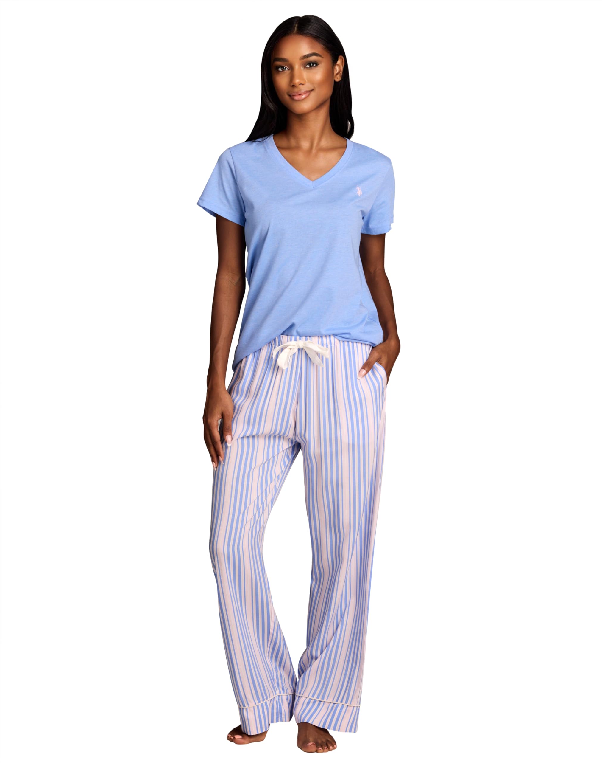 U.S. Polo Assn. Pajama Sets for Women 2 Piece, PJ Set with Knit Sleep Tee and Woven Pajama Pants (Blue Heather, X-Large)
