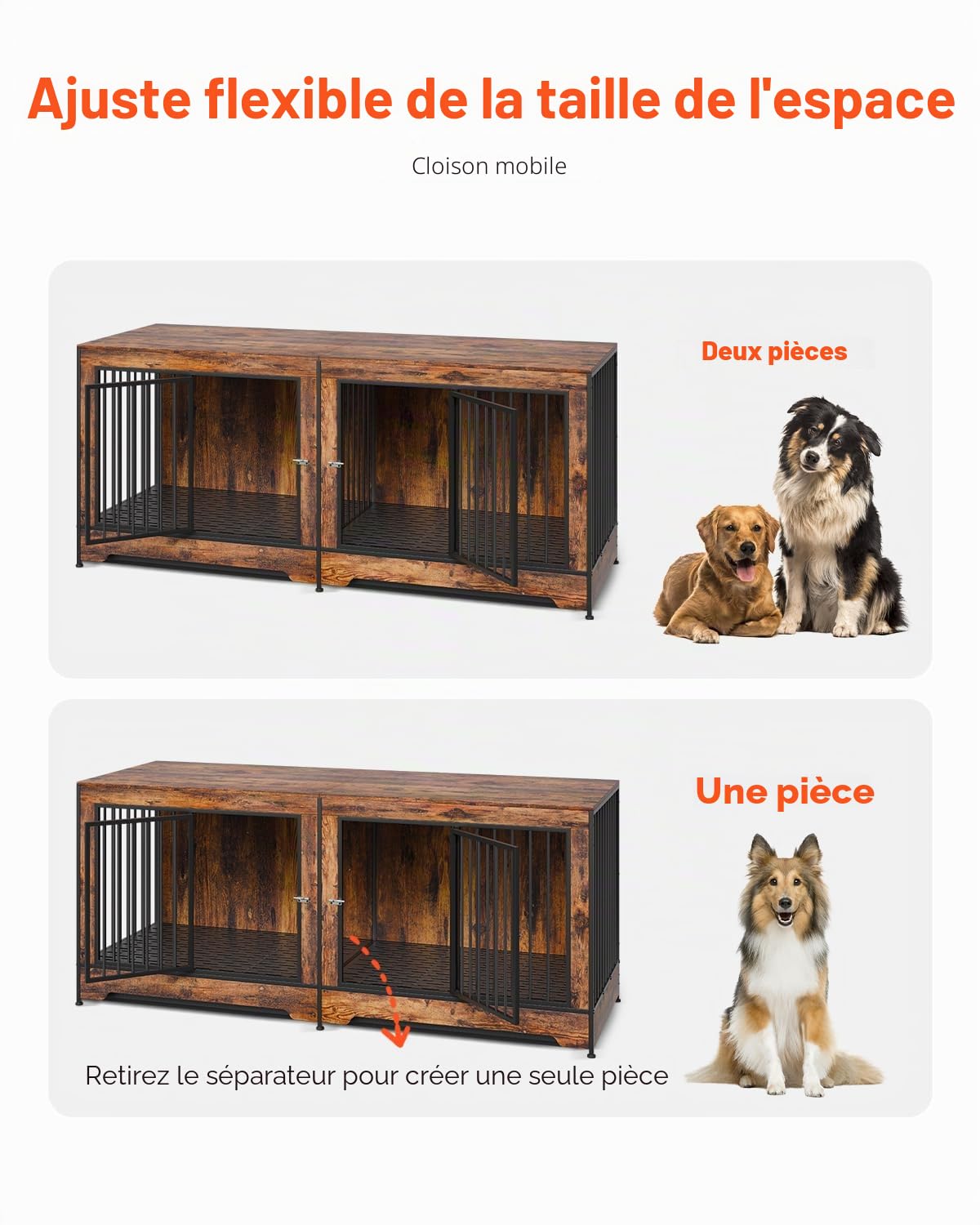 VEVOR Cage pour Chien 1901x670x824 mm Meuble Cage Chien en Bois Intérieur Multi-usages avec Double Porte, Séparateur, Plateau Amovible, Table d'Appoint pour Chiens de Taille Moyenne Grande, Marron