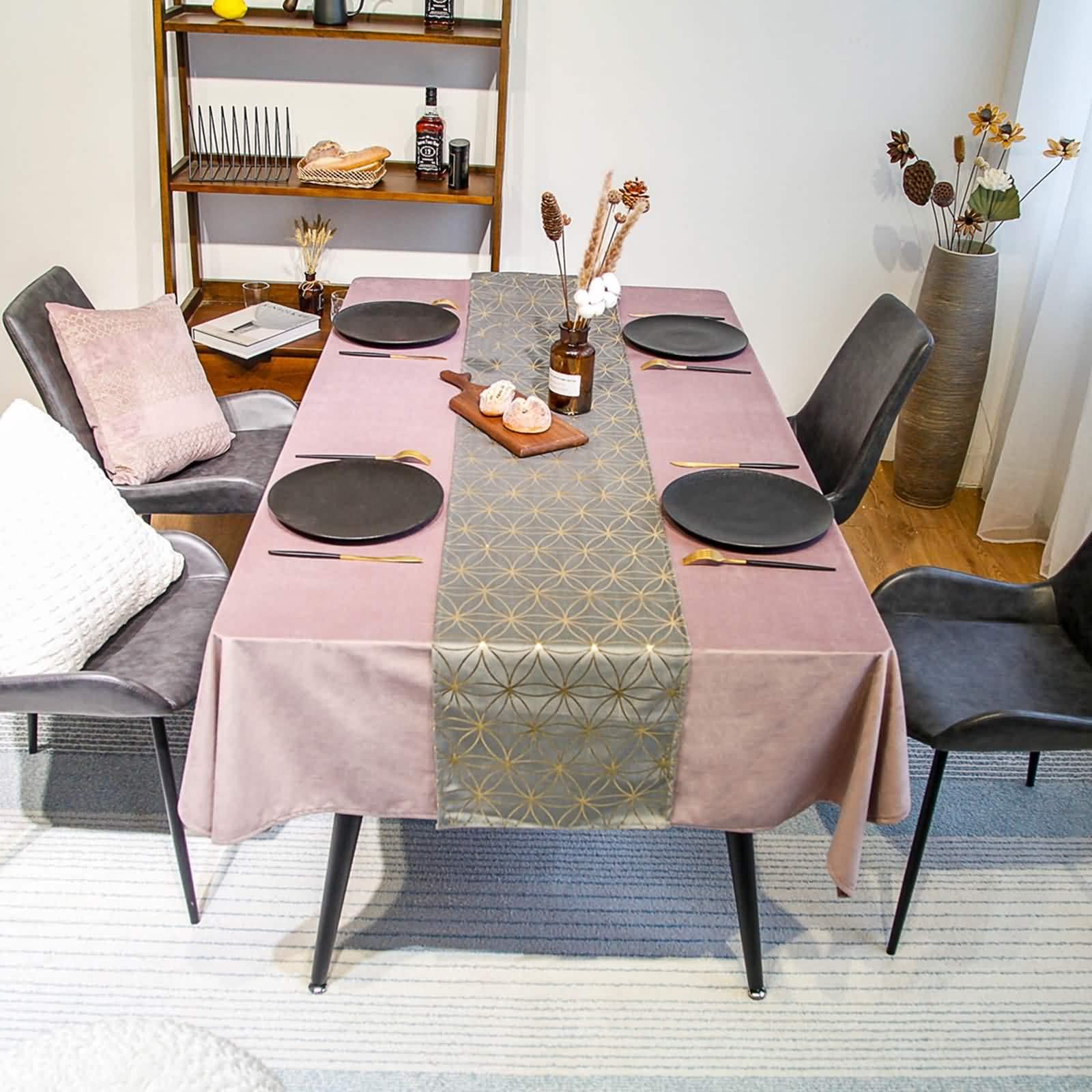 Kitchen Table Runner, Chemin de Table de Noel Grise Velours Or 32x240CM Fleur de Velours Vintage Deco Intérieure Extérieure