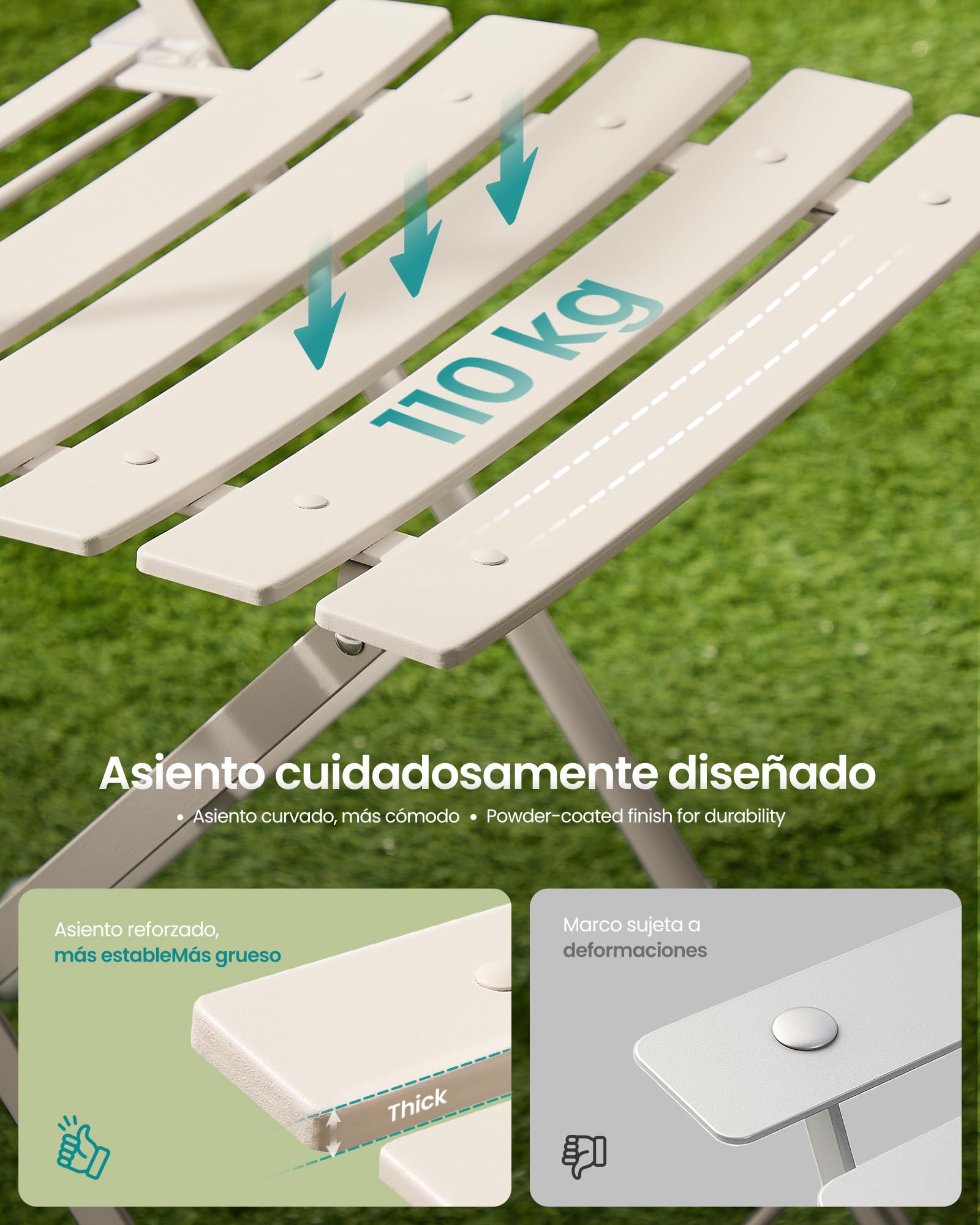 SONGMICS Juego de Jardín de Exterior, 3 Piezas, 2 Sillas y 1 Mesa, Plegable, Salón de Exterior, Acero, Resistente a la Intemperie, para Balcón, Terraza, Beige Capuchino GGF036LZ01 — view 5