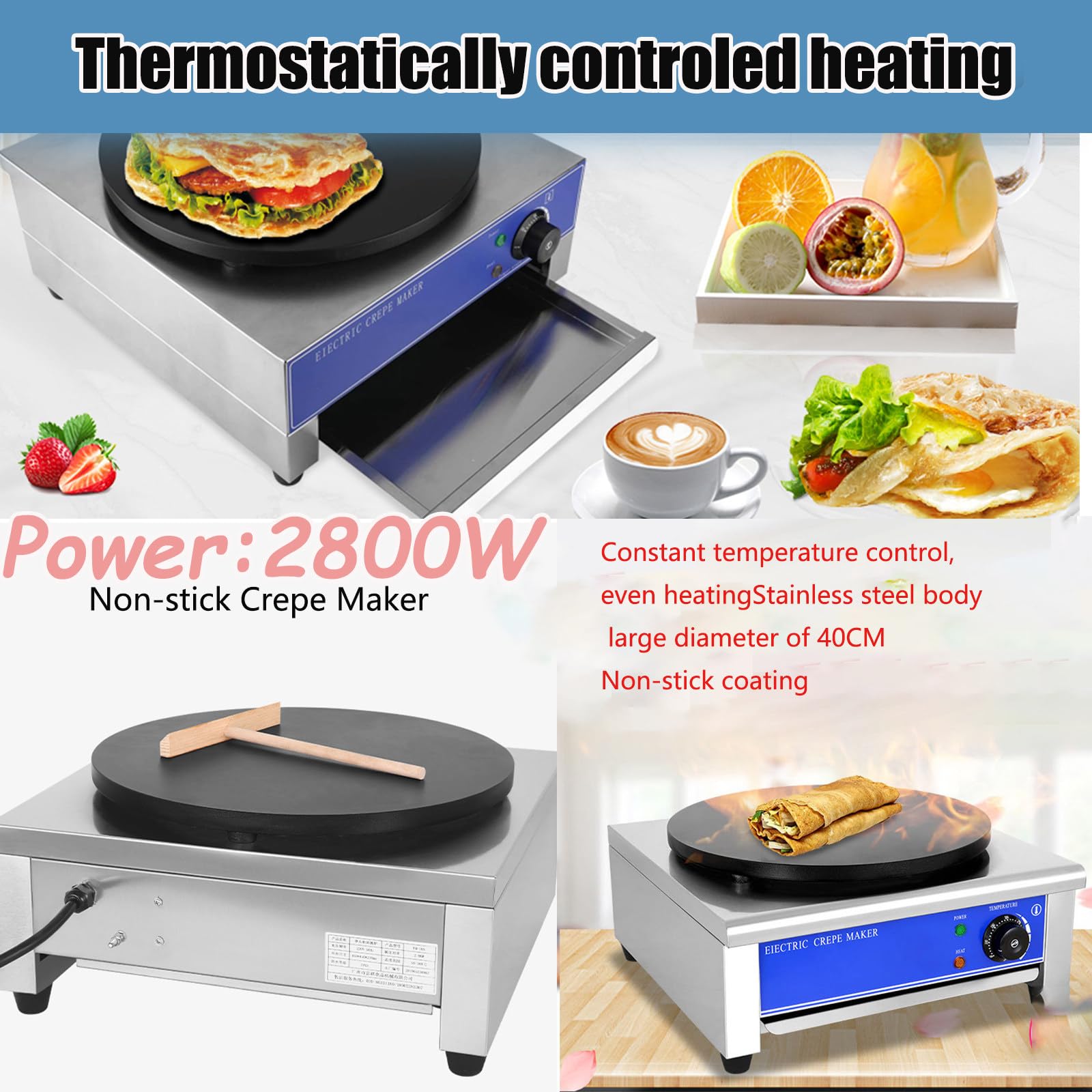 Máquina para Hacer Crepes eléctrica, máquina Grande para Hacer Crepes, Plancha para Crepes, Pan Plano Comercial de Tortilla Roti eléctrica Individual
