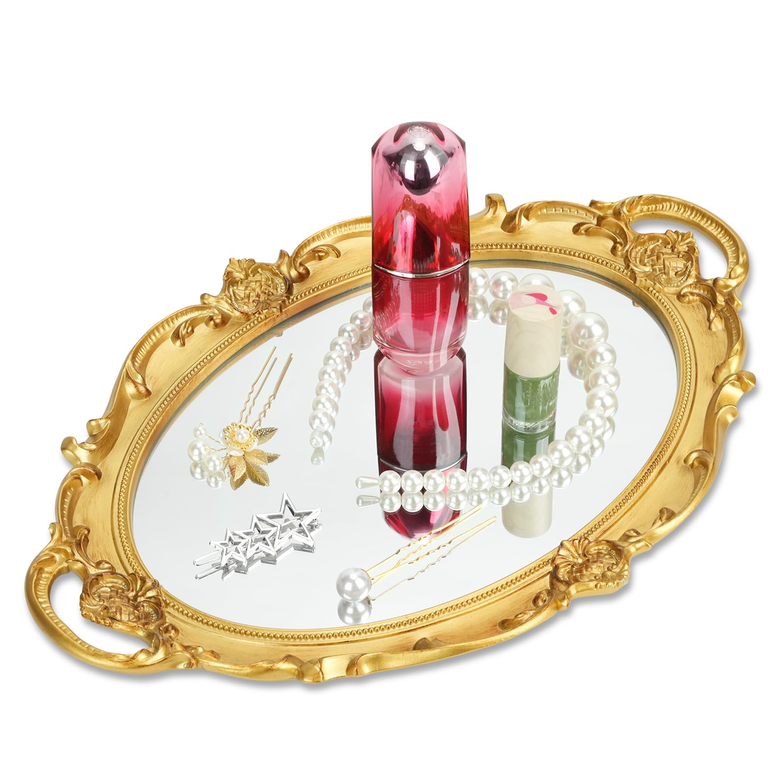 Vassoio Decorativo Vintage Specchio Oro - Organizer Trucchi E Gioielli 36.8x25.4cm - Foto 2
