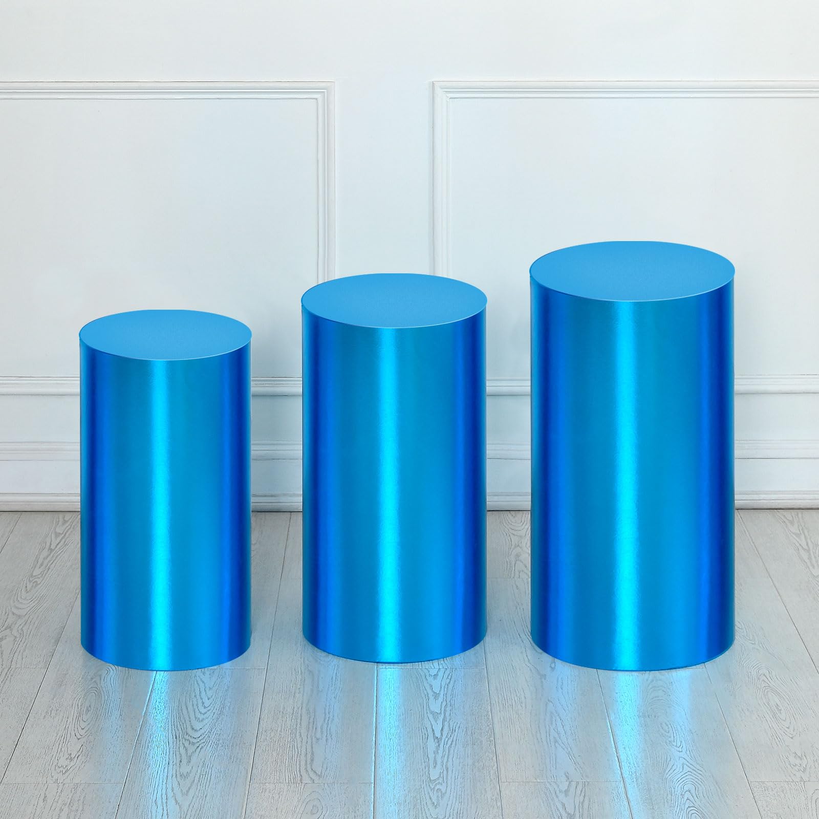 sourcing map Set of 3 Blue Cylinder Spandex Stand Covers, Plinth Stand Cover for Party Wedding Birthday Decoration, Only Contains Cylinder Covers (Foil Fabric - Small)