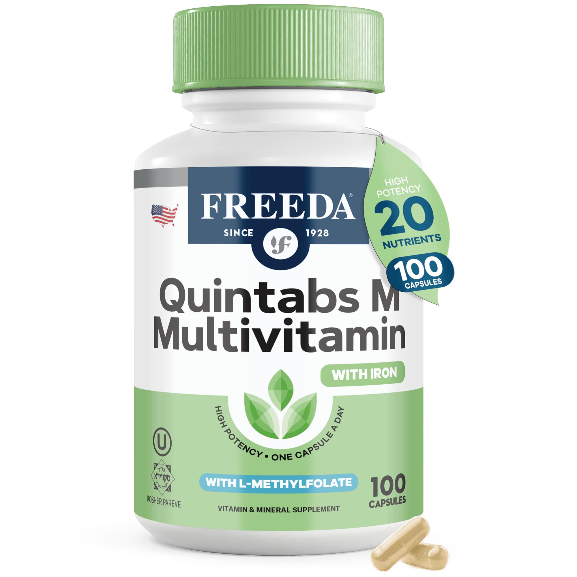FREEDA Multivitamin – Quintabs-M with Iron – Kosher Multi Vitamins Supplements for Women Health - Multivitamins for Women & Iron-Deficient Men Adult Vitamins Multivitamin (100)