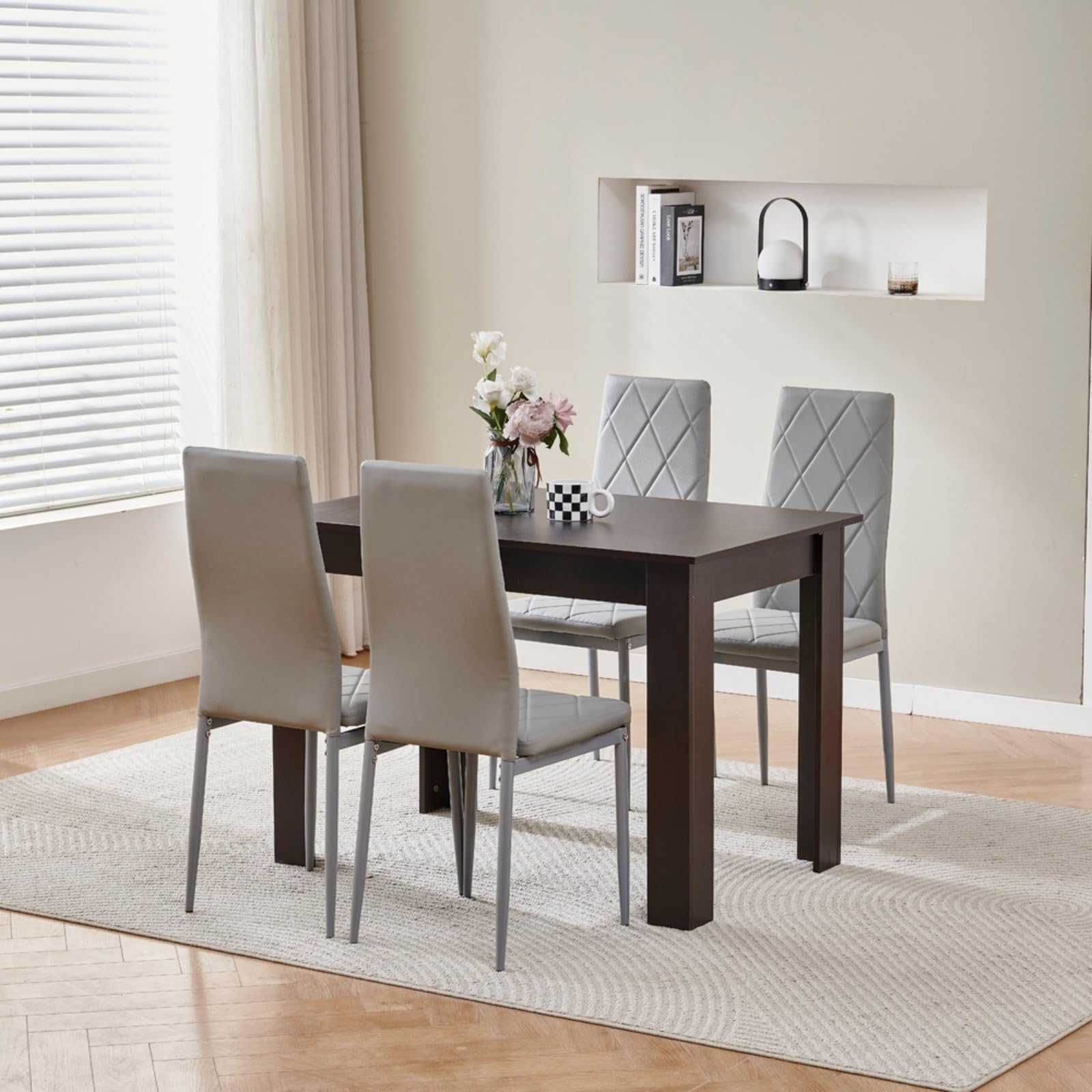 Homullel 110cm Dining Table and 4 Chairs, 4 Seater Kitchen Table and Chairs Set for Space Saving, Dining Room Set for 4, Black (4 Seaters, PU Gray #2)