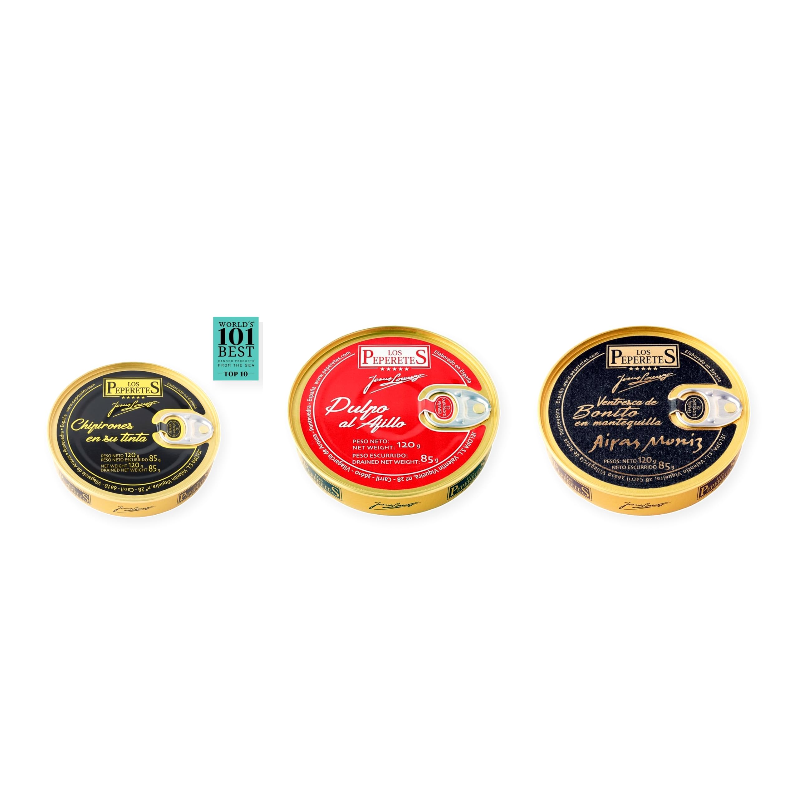 los peperetes conservas Chipirones Tinta 120g, Pulpo Ajillo y Ventresca Bonito Mantequilla pack 3 latas