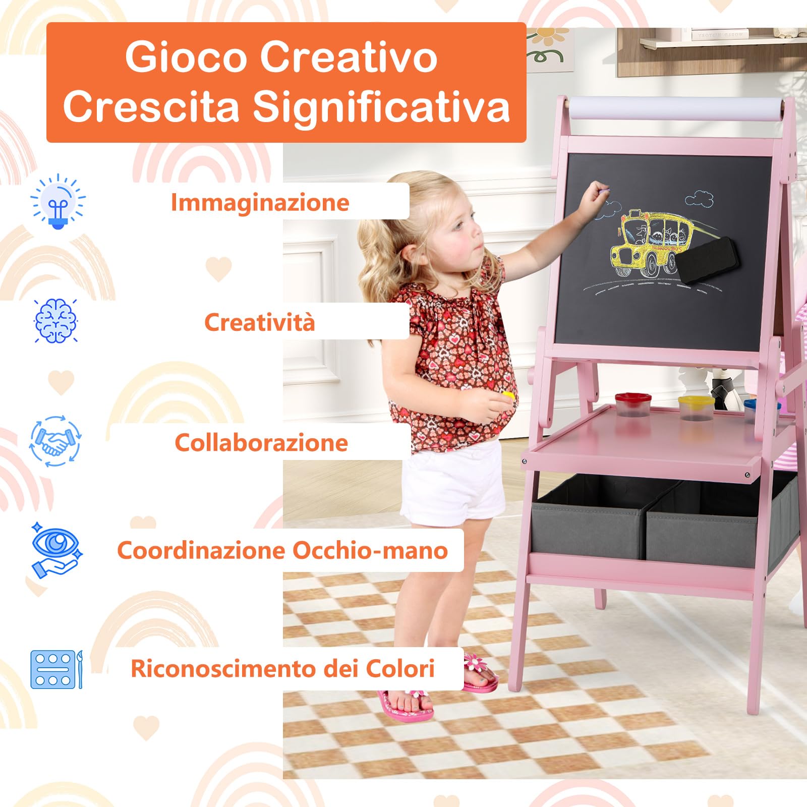 RELAX4LIFE 3 in 1 Lavagna per Bambini, Cavalletto con Doppia Faccia Magnetica e Lavagna Bianca, Rotolo di Carta, Scaffale Doppio e 2 Cesto in Tessuto Pieghevole, 3 Tazze, Legno per 3+Anni (Rosa)