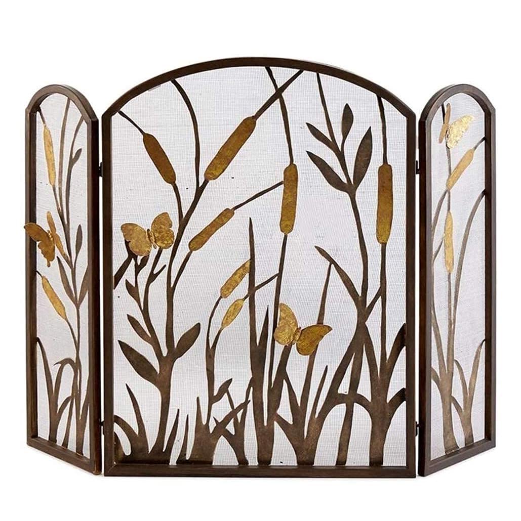 Pare-feu de cheminée 3 Panneaux avec Grille de sécurité, pour Feux de Bois dans Le Salon, Finition Marron Antique