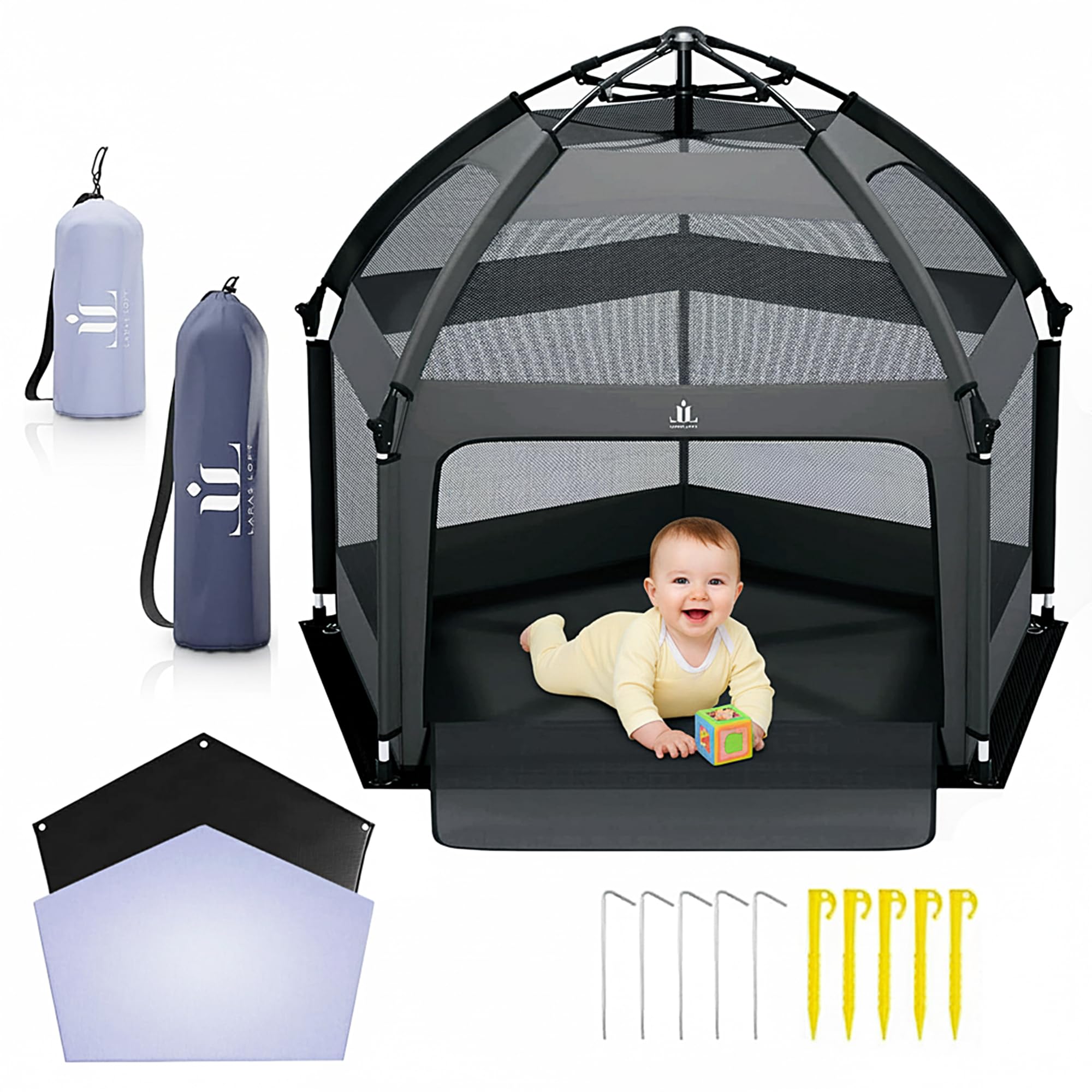 Pop-Up Playpen for Babies & Toddlers Foldable with Canopy (UPF 50), Self-Inflating Playmat, Wind Shade & Carry Bag Durable Baby Beach Tent, Outdoor