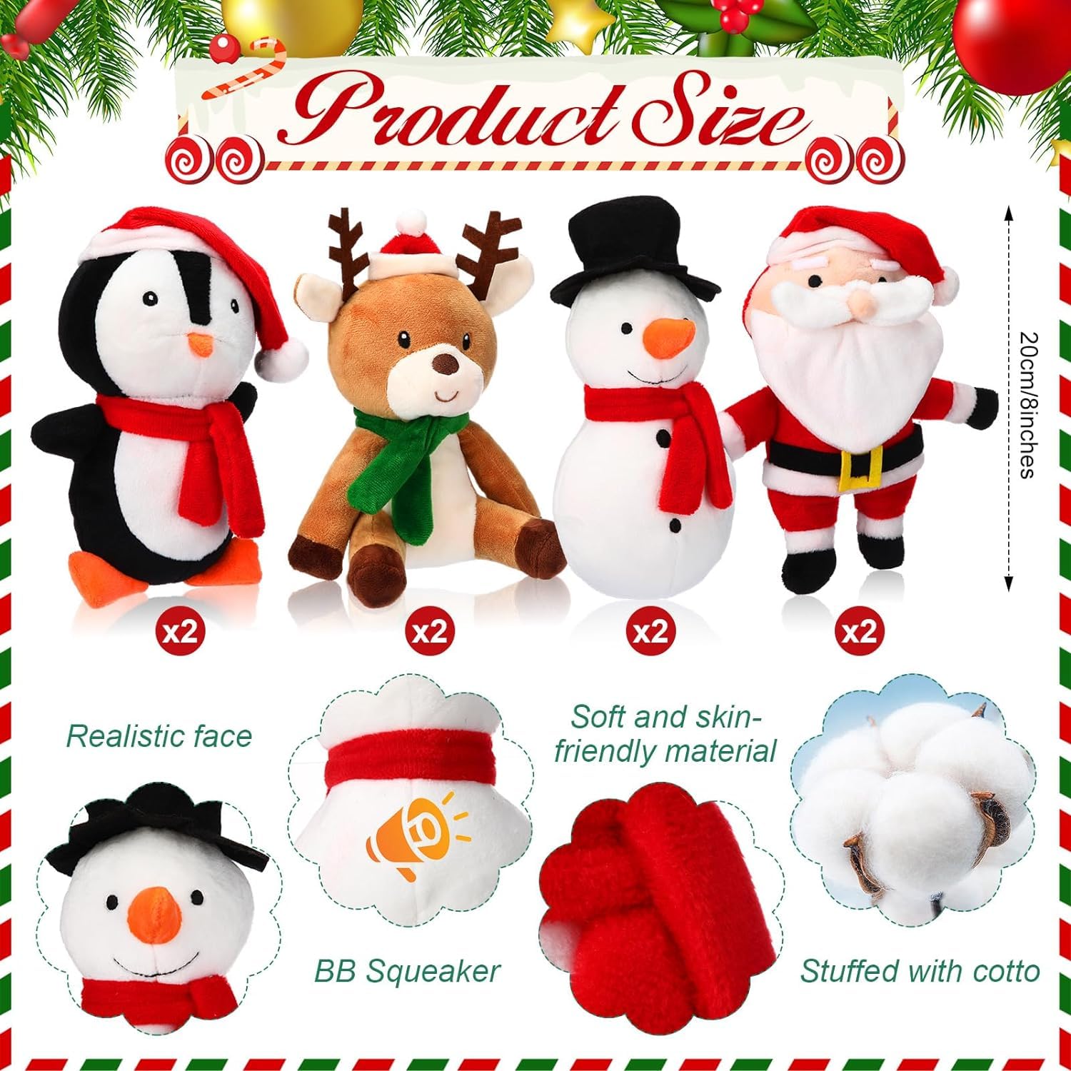 8 juguetes chirriantes de Navidad para perros, juguetes de peluche para perros de Papá Noel, muñeco de nieve, alce, pingüino, perro, dientes interactivos para masticar