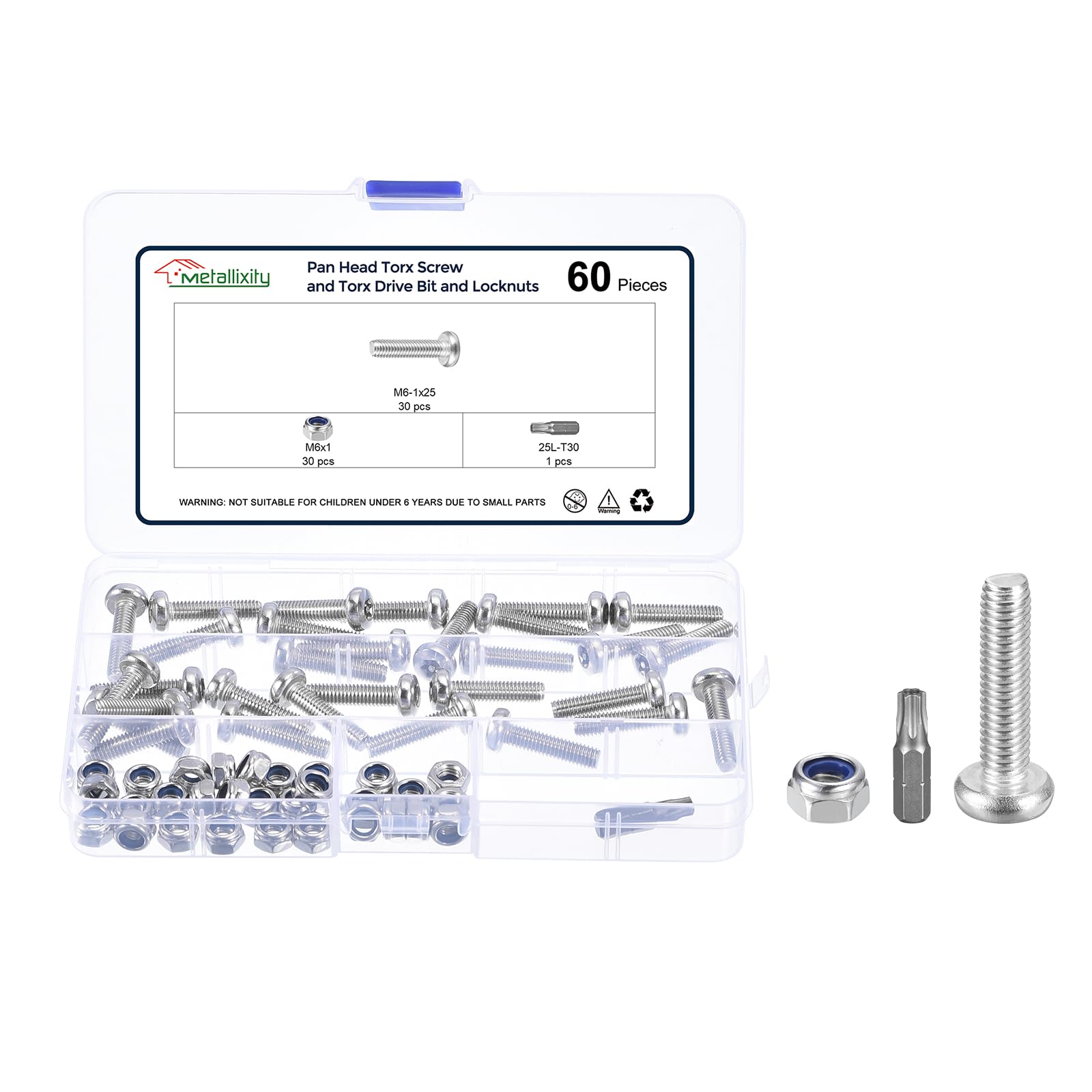 METALLIXITY Pan Head Torx Screws (M6-1x25mm) 60pcs with Locknuts and Torx Drive Bit Kit, Button Head Machine Screws