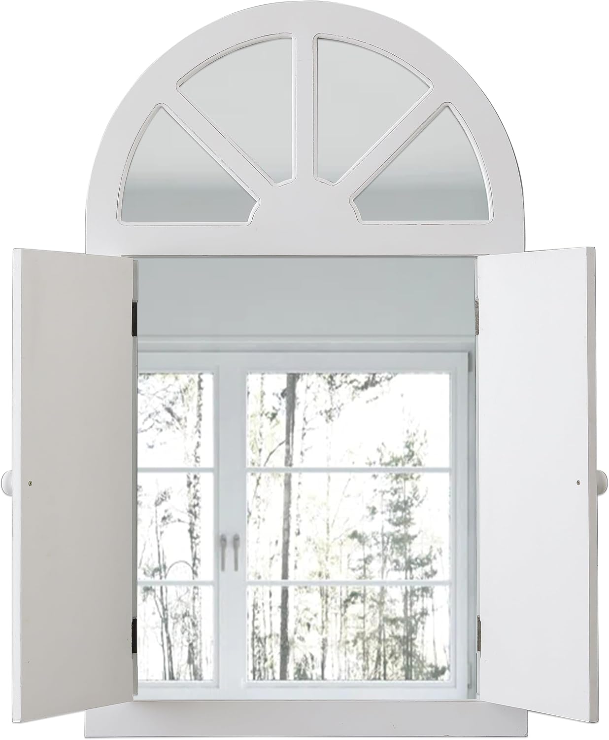 Rustic Arched Window Mirror with Shutters 42 X 25 Inch, Hanging Distressed White Farmhouse Window Pane Mirror Wall Decor for Living Room Entryway Hallway Bathroom Bedroom