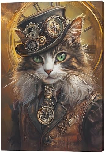 Miniatura 2 de Olivine Arte de pared Steampunk para decoración de gatos, cuadros retro de animales punk, gótico victoriano, caballeros, gatos, lienzo, pintura,