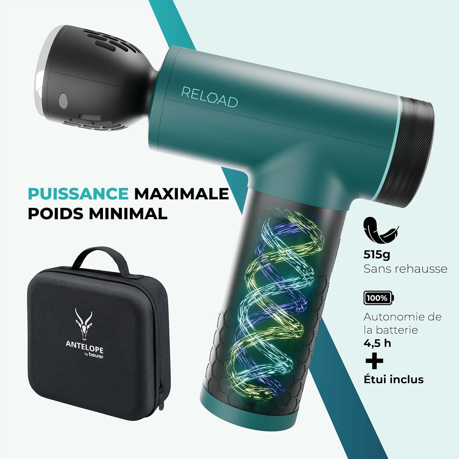 Antelope by Beurer RELOAD Massage Gun avec fonction chaleur & froid, appareil de massage musculaire pour points trigger, 5 têtes de massage, 5 niveaux d'intensité jusqu'à 3000 tr/min, sans fil