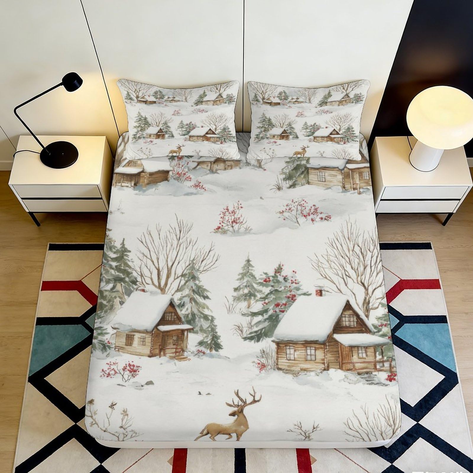 3D Printed Winter Cabin Fitted Sheet Microfiber Anti-Slip Snowy Forest Bed Cover for Bedroom Guest Room Decor 90x200x25cm
