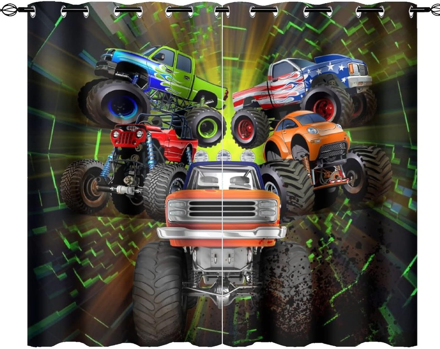 Cool Cartoon Monster Truck Ultra Soft Premier Blackout Curtains,Kids Boys Shabby Monster Trucks PrintThermal Insulated Bedroom Noise Reducing Patio Door Grommet Top,2 Panels 63L x 36W