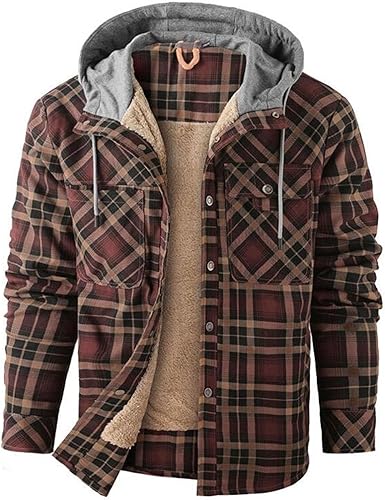 EELHOE Men's Fleece Hooded Plaid Shirt Jacket Cotton Winter Warm Coats Lined Sherpa Button Down Hoodie Flannel Sweatshirt