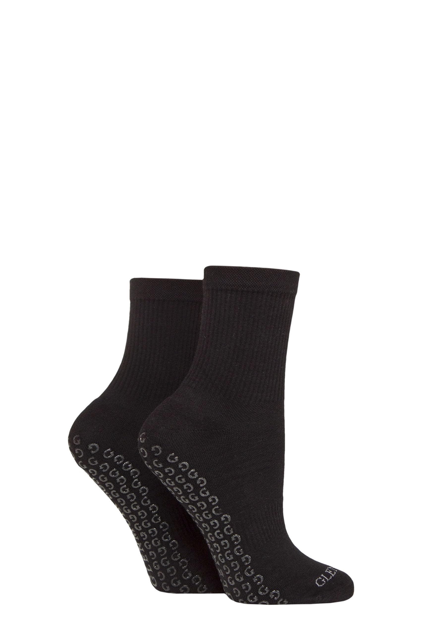 Glenmuir Women's Black Yoga Socks - Sport, Soft Cotton, Half Cushioned, Mid Length, With Anti Slip Grips, 2 Pair Multipack, Size 4-8