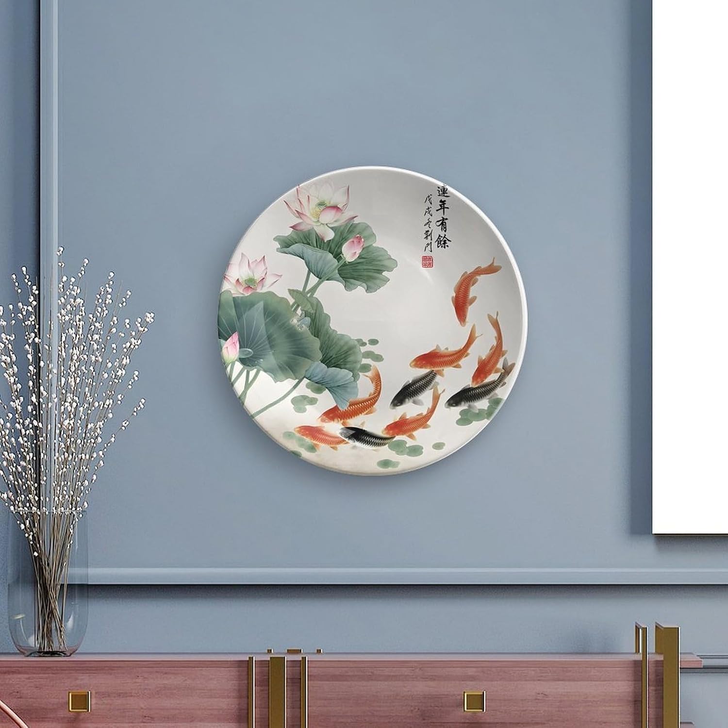Fine Bone China Decorative Plate, Deep Green Round Wall Art with A Close-up Pink-Tipped White Lotus for Modern Room Decor Bone China Decorative Plate, 7inch Wall Art Home Decor
