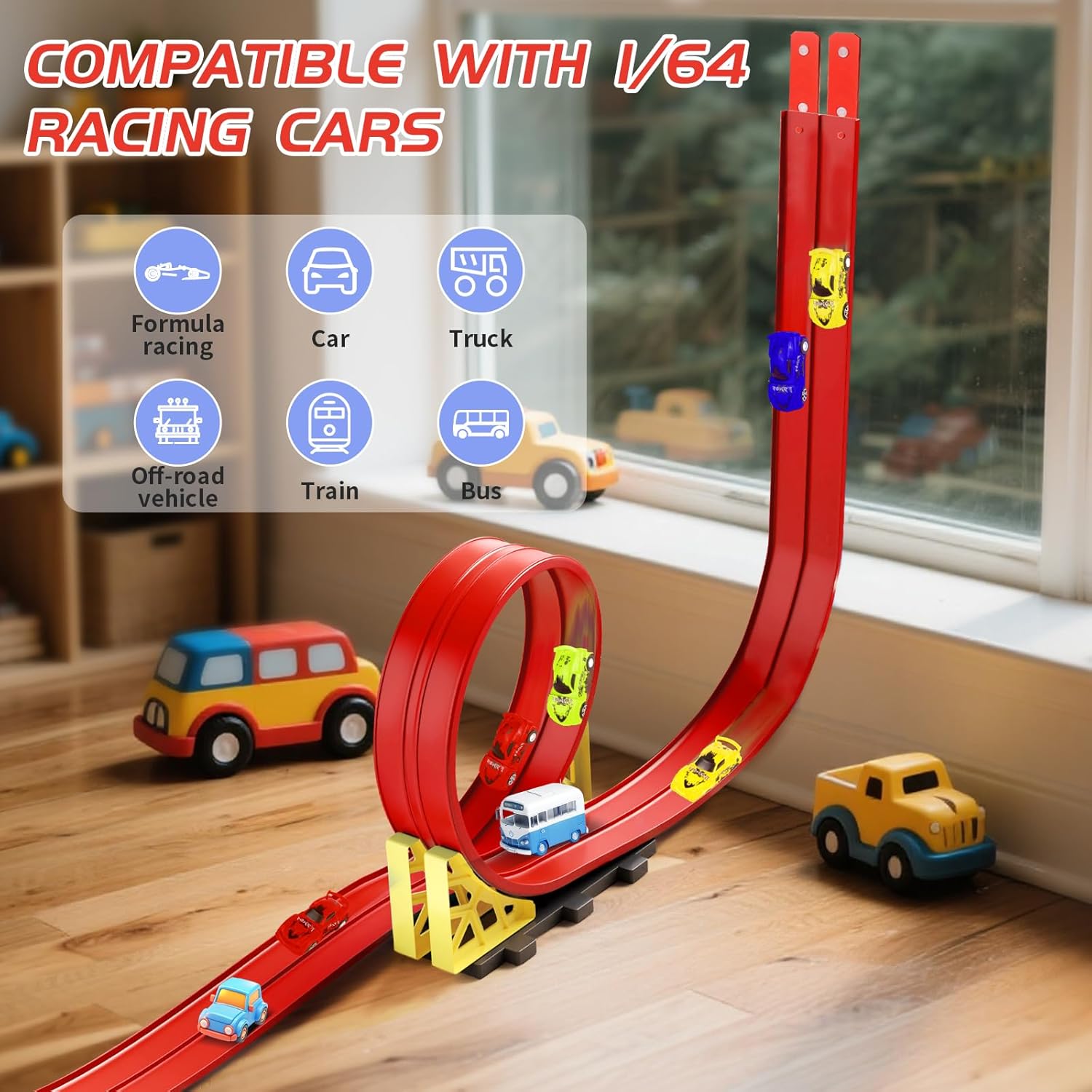20ft Build Anywhere Portable Race Track with Suction Cups - Flexible Roll-Up Design Fits 1/64 Scale Cars, Portable Toy Gift for Kids 4+ Year Old
