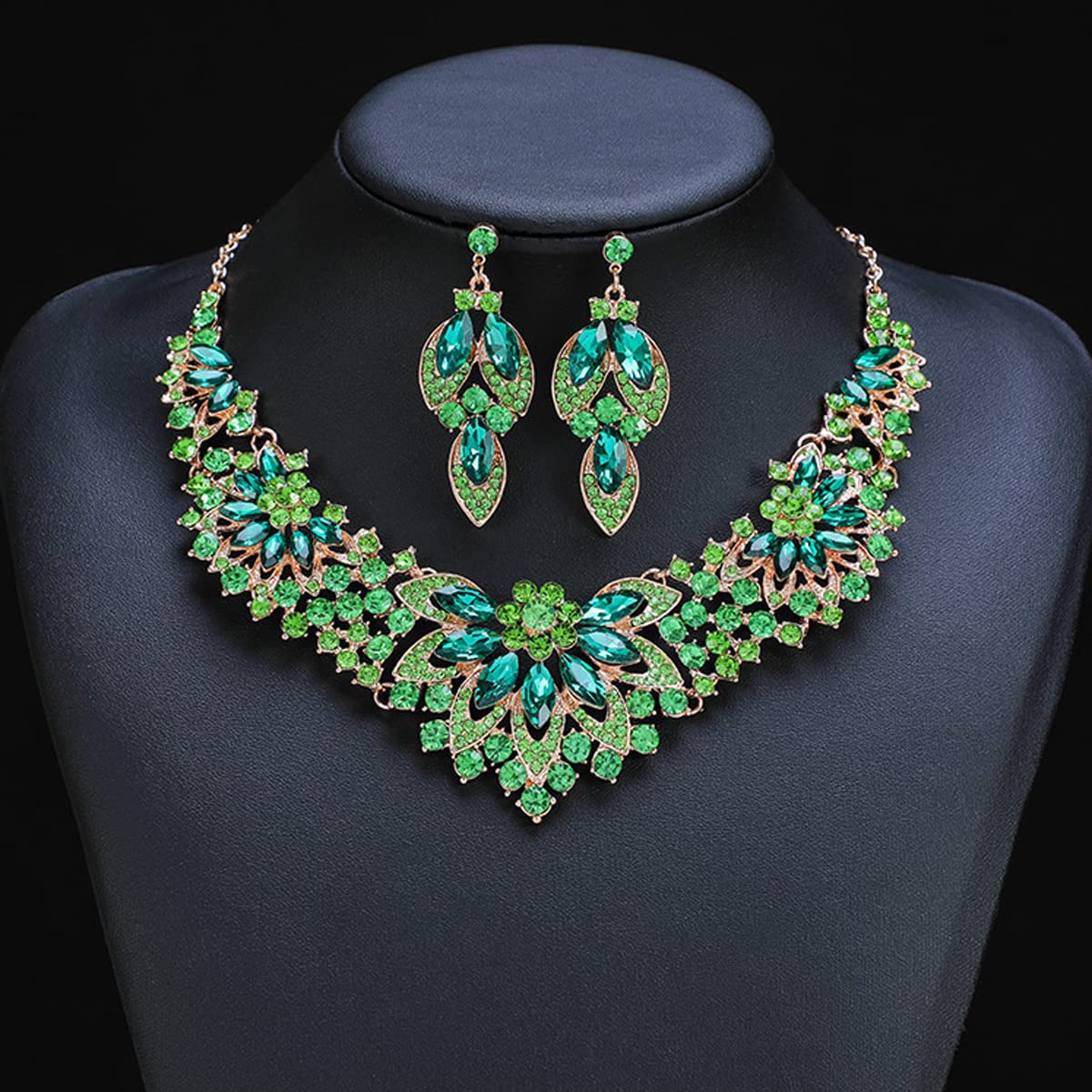Parure Bijoux Femme, Cristal Bijoux Mariage, Cristal Fleur Ensemble Collier Boucle d'oreilles, Strass Cristal Feuille Parures de Mariée pour Femmes Filles, Vert/Blanc/Violet/Rouge/Or Champagne