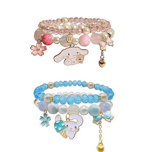 CJIAYUJEW Cute Bracelet Crystal Pearl Bracelets, Anime Elastic Stretch Crystal Bead Bracelet Lovely Cartoon Elastic Beaded Bracelets for Women - Pink+Blue