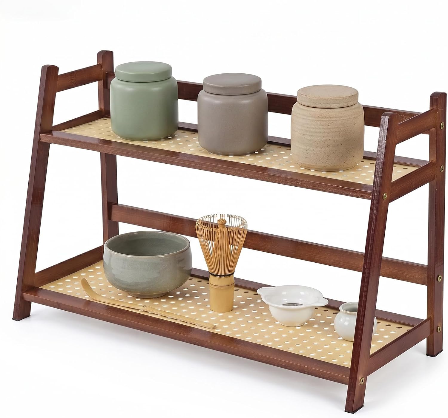 Coffee Station Organizer, Bamboo Mug Holder Countertop, Kitchen Counter Shelf for Tea Coffee Bar Accessories, Matcha Stand, Cup Display, Condiment Storage Rack, 2 Tier, Brown