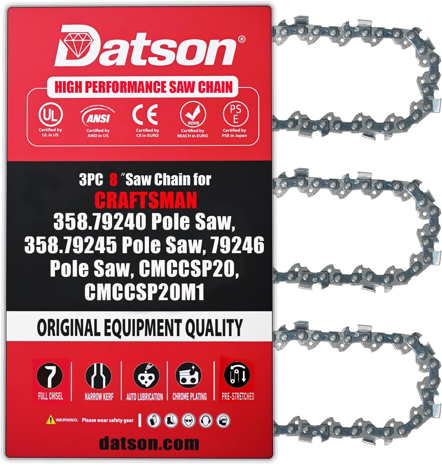 3PC 8 Inch Pole Saw Chain for Craftsman CMCCSP20M1 Chainsaw, 8" Replacement Chain CMCCSP20 / CMCCSP20B Chain Saw - Replaces CMZCSC8 CRAFTSMAN V20 Cordless Pole Saw