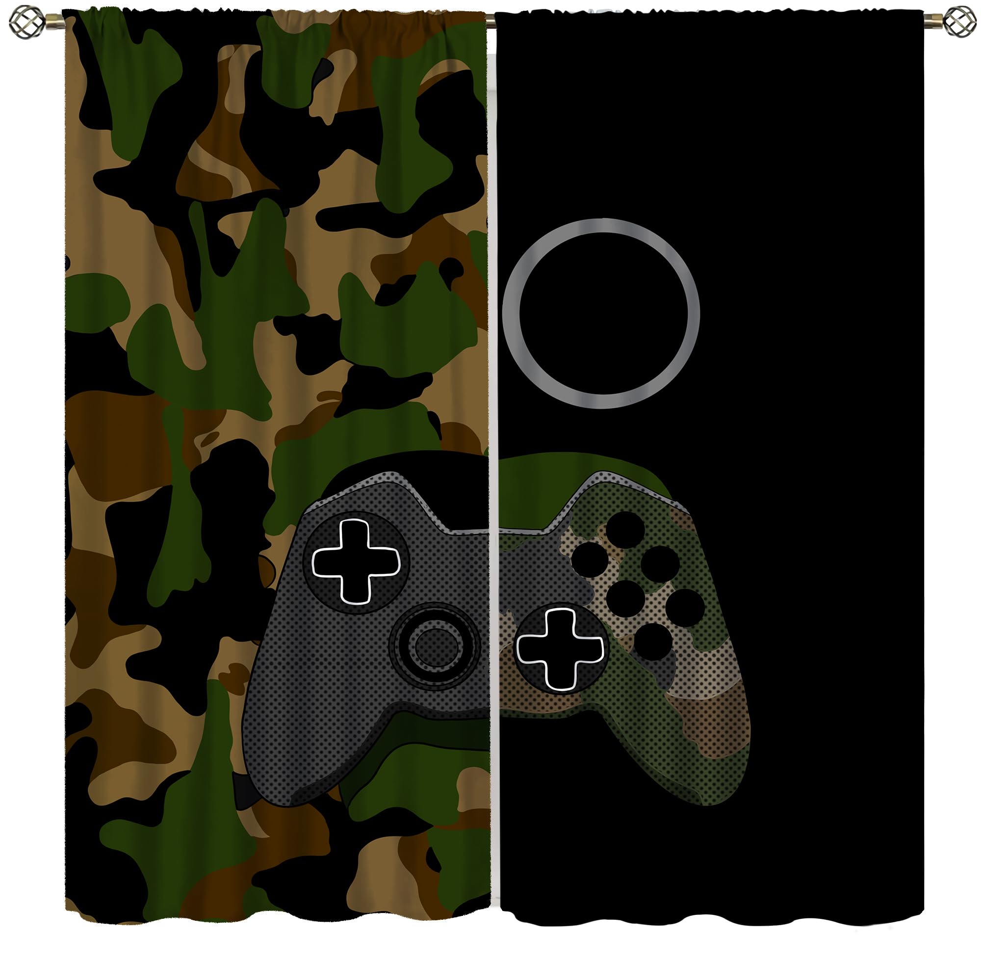 SENRUEGT Camouflage Gamepad Printed Window Curtains,Green Video Games Decor Player Gaming Window Treatments for Adult Girls Kids Teens Boys Living