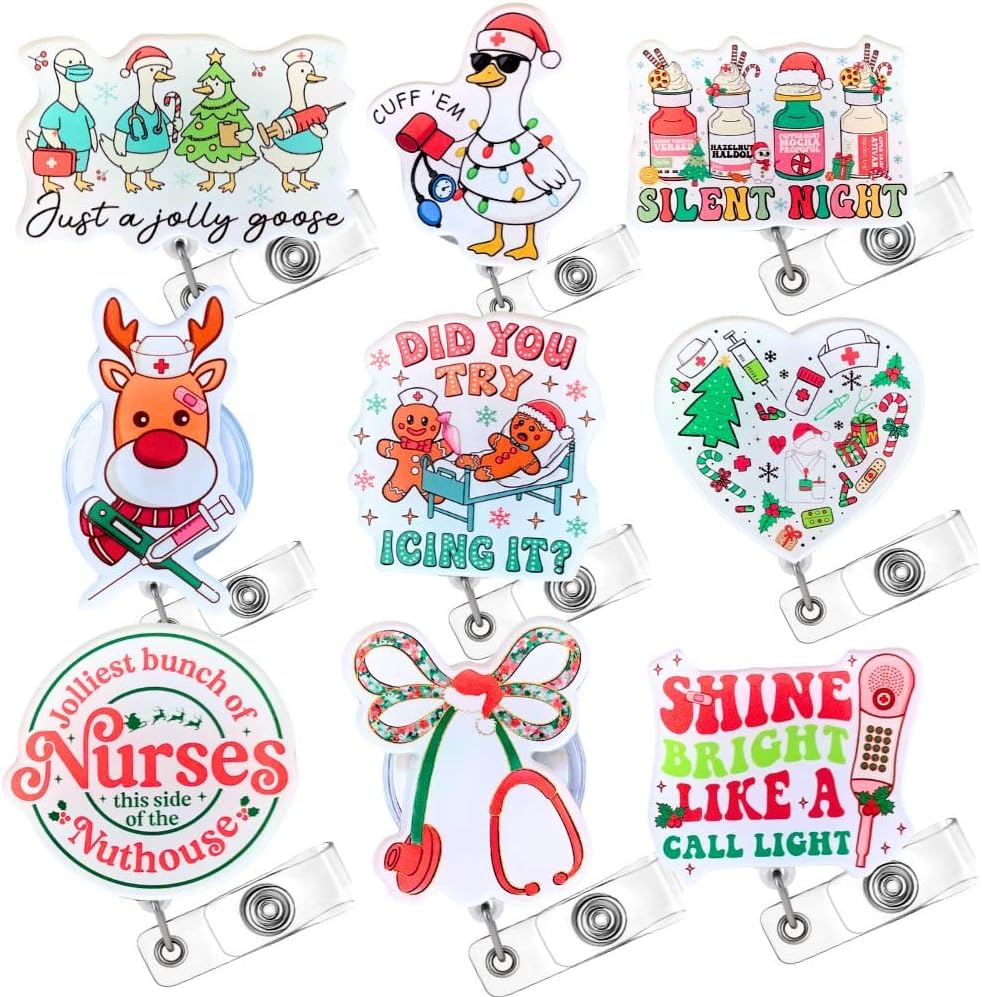9PC Nurse Christmas Badge Reels Funny Silly Goose Cute Gingerbread Man Fall Halloween Holiday Seasonal Festive ID Name Holder Retractable Clip Medical Accessory Bulk Gifts for Nurses Nursing Students