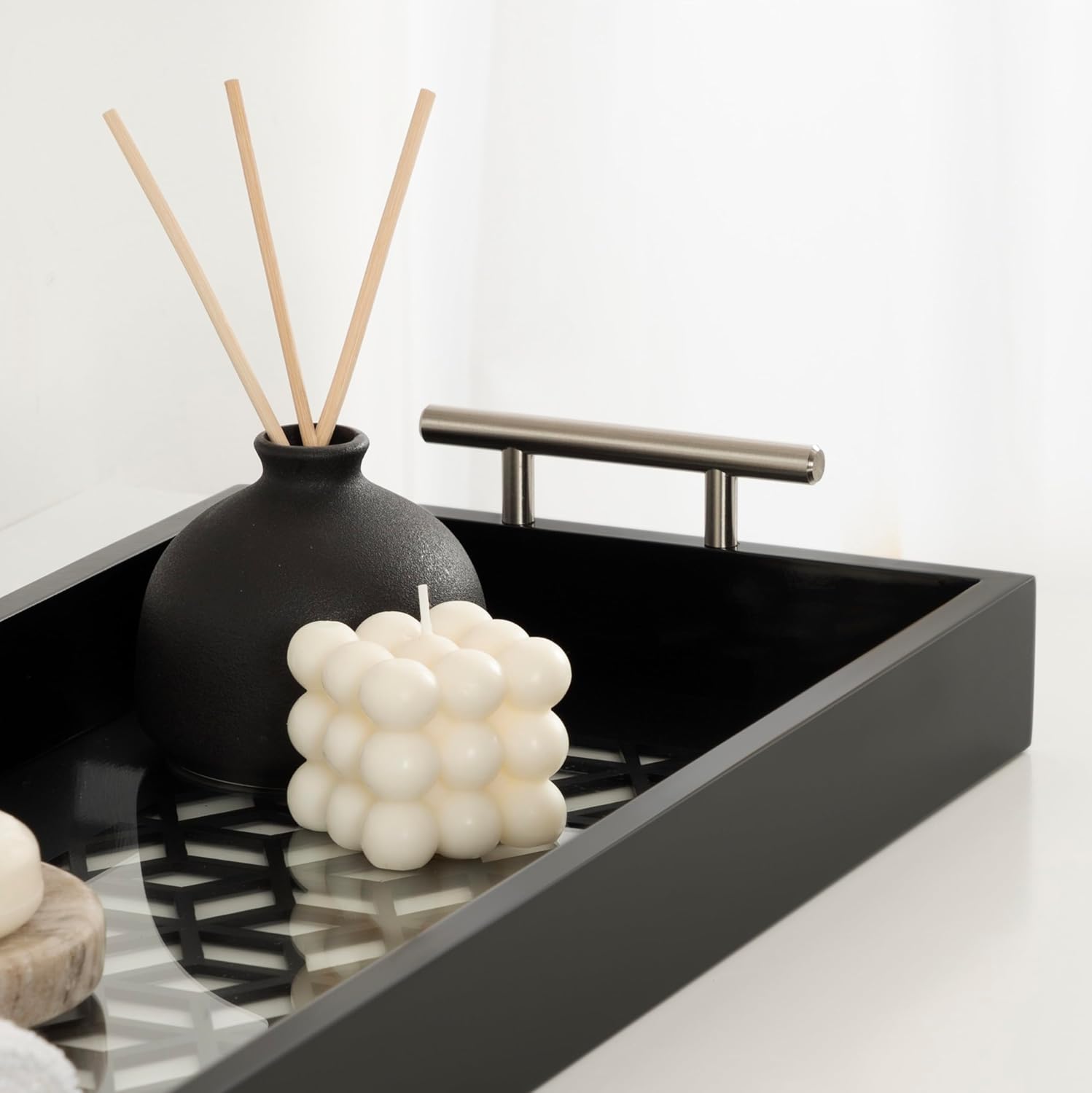 Kate and Laurel Caspen Cut Out Pattern Decorative Rectangle Tray with Silver Metal Handles; 10 x 24; Black and Silver; Modern Glam Serving Tray with Handles for Living Room Decor