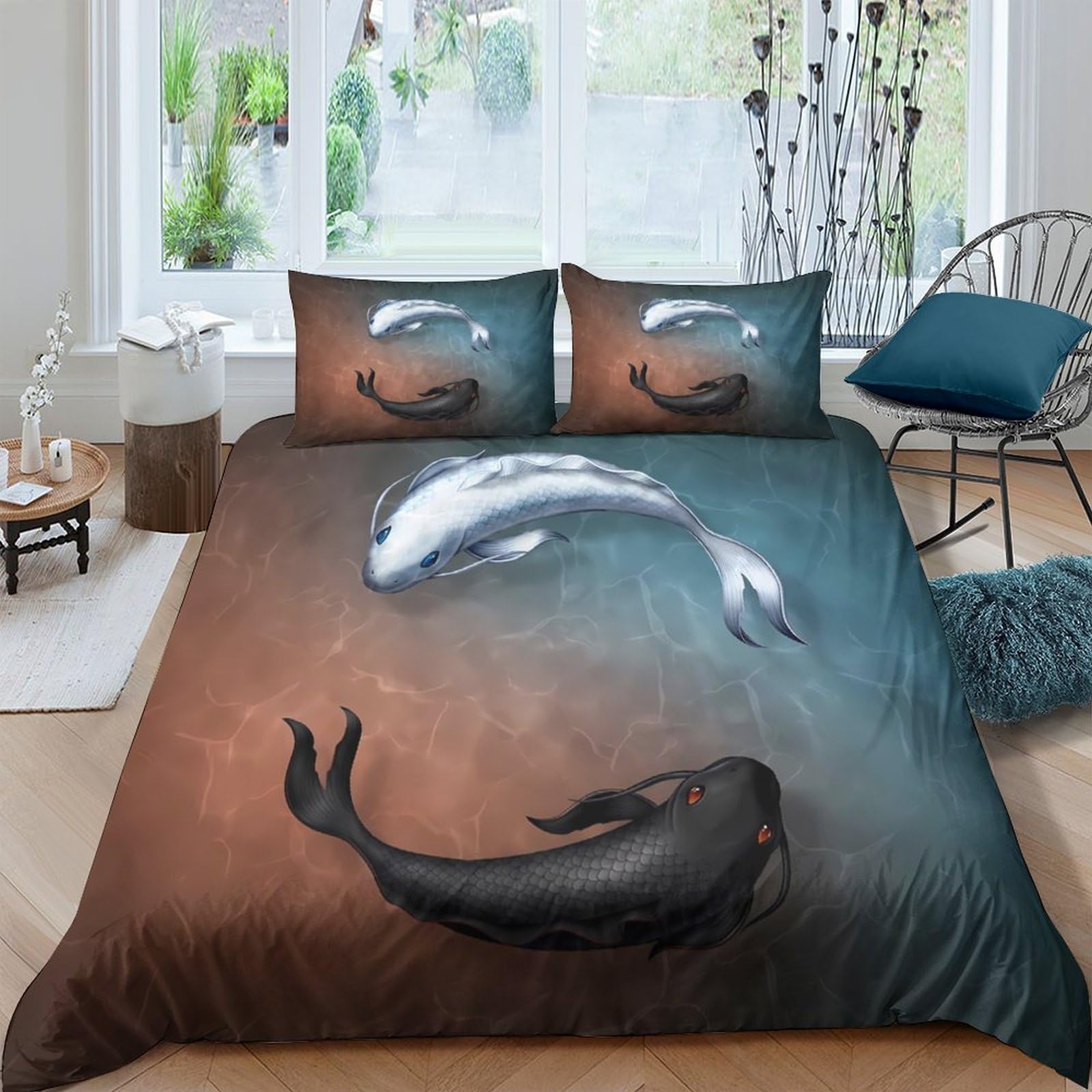 Ctjqhvkz Style-7 3D Printed Yin Yang Koi Fitted Sheet Microfiber Soft Breathable Black White Fish Bed Cover For Bedroom Dorm Mattress Decor Single（135X200cm）
