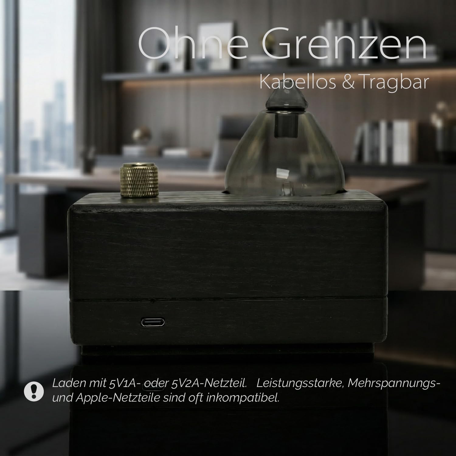 Black Obsidian Aroma Diffuser ohne Wasser für Aromatherapie | Rauchglas Vernebler & Dunkler Holzsockel, Plastikfrei und BPA-frei, Wiederaufladbar & 7-10 Tage Akku, Duftreichweite 60 m²